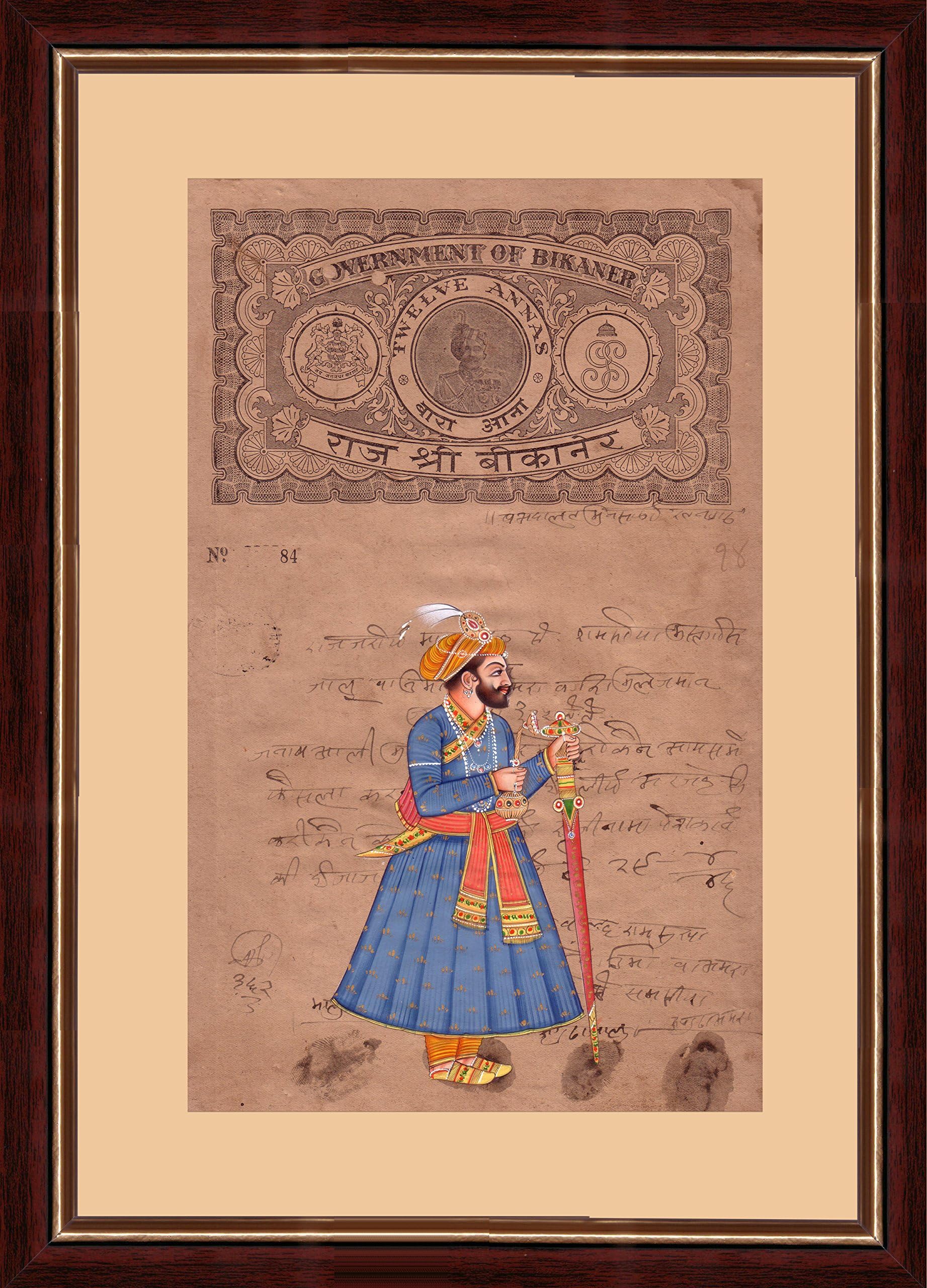 Mughal Period Portrait 'Royal Rajput King Holding Sword' Indian Miniature Painting on 100 Year Old Court Stamp Paper with Moulded Framing