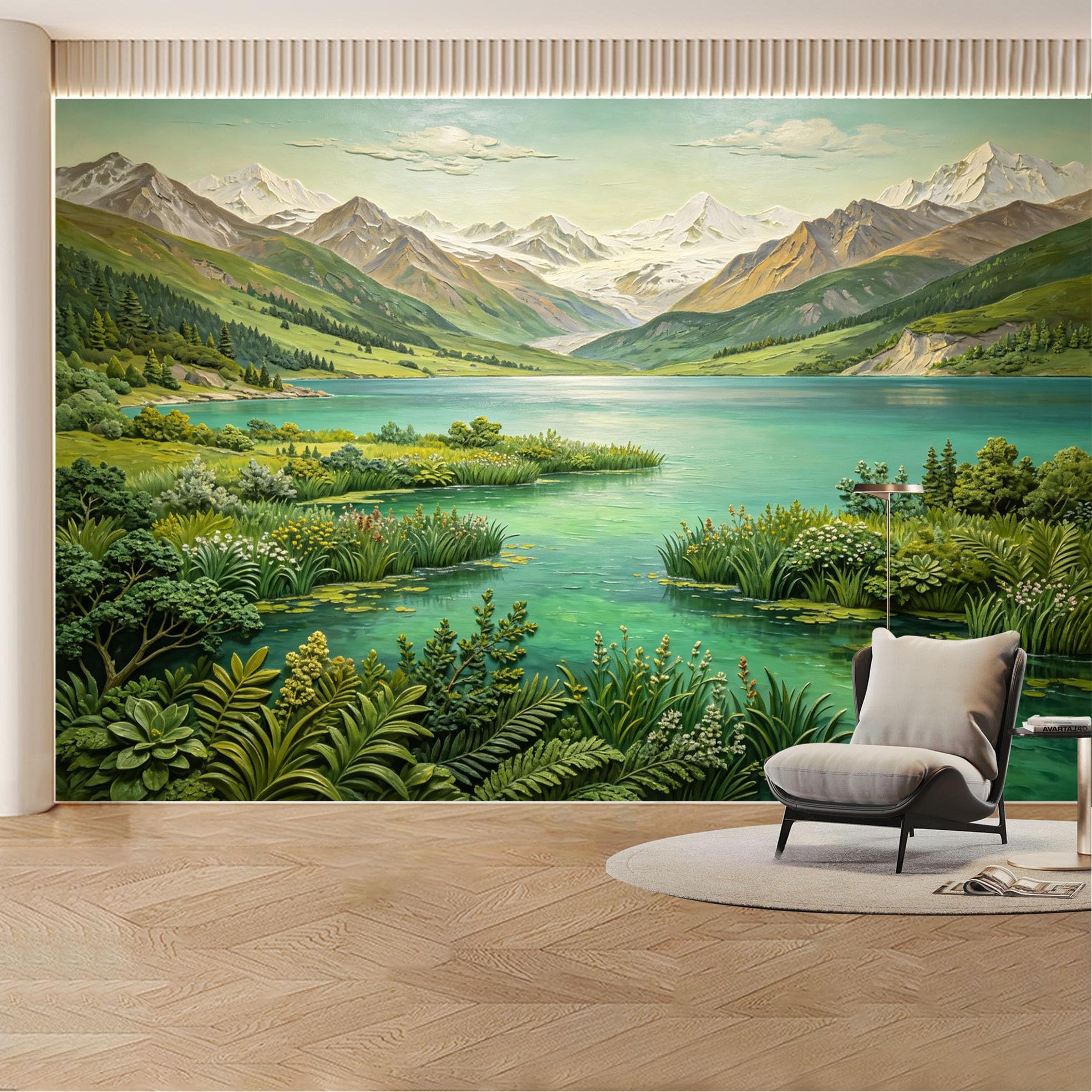 Custom Wall Mural Wallpaper Mountain Lake Landscape， Nature， 3D Effect， Wall Decor， Misty， Tropical for Living Room， Bedroom， Office
