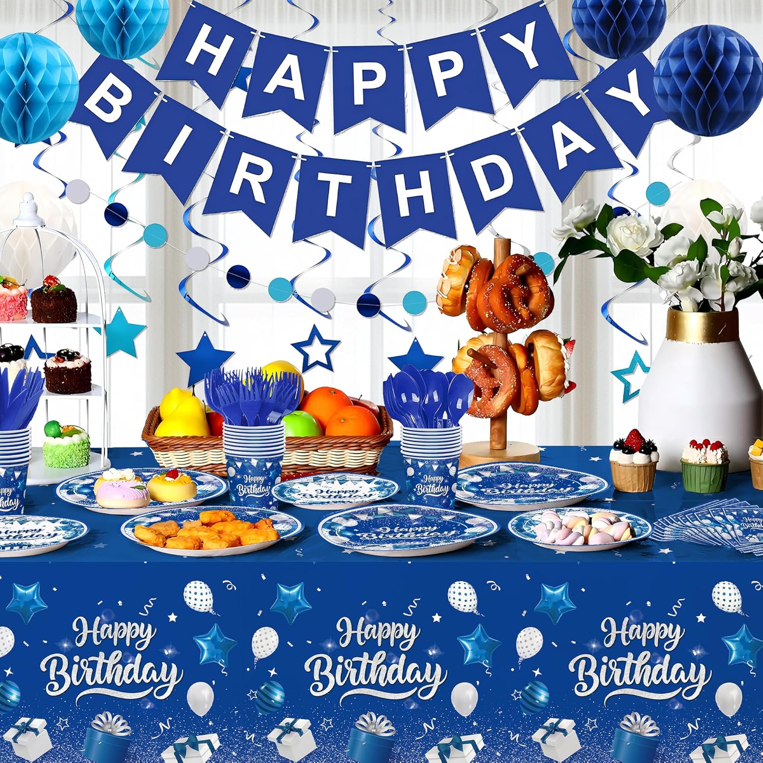 185pcs Happy Birthday Decorations Blue and Silver Plates Napkins Disposable Tableware Set Paper Cups Banner Tablecloth for Men Women Birthday Party Supplies Serves 24 Guests - Image 4
