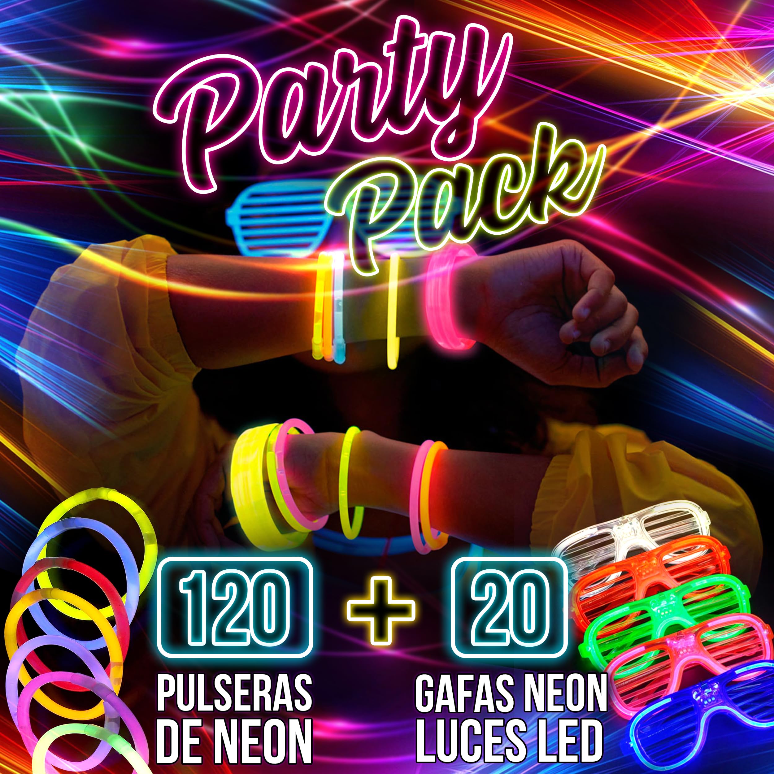 Lote 120 Pulseras NEON Luces + 20 Gafas de colores LED - Decoración Atrezo Gafas Luminosas Photocall Luces LED Baratas Fiestas Bodas Fiestas Celebraciones