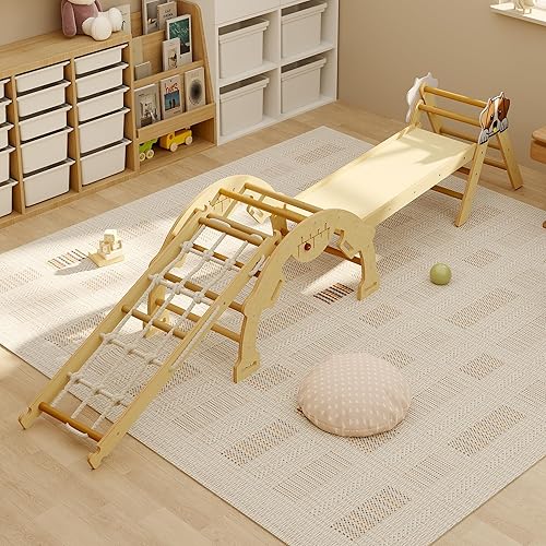 PeakPursuit Juguetes de escalada 4 en 1 para niños pequeños con rampa, arco y escalera, juego de triángulos Pikler con construcción de madera, juego