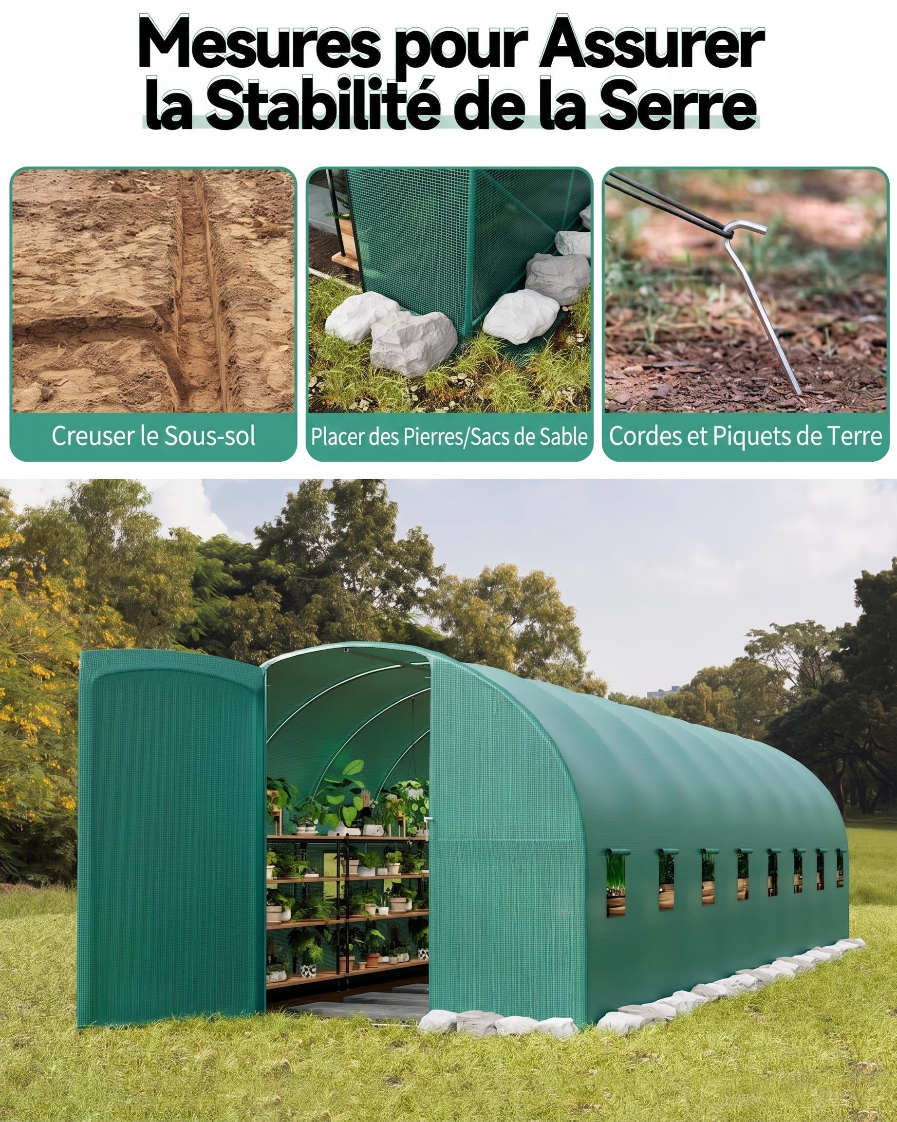 Garvee Serre Tunnel de Jardin 15x7x7 ft – Armature Acier galvanisé renforcé – Bâche PE Durable – 8 fenêtres en Maille – Porte battante en Fer – pour Culture légumes et Plantes, extensionérieur – Vert