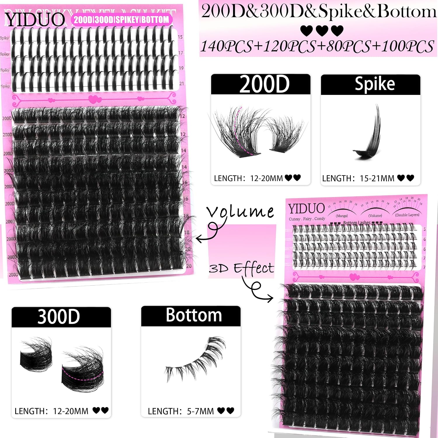 YIDUO Lash Clusters Kit 3D Volume 200D+300D+Spikes+Bottom Cluster Lashes Extensions Kit with Lash Bond and Seal |Tweezers |Removers |Eyebrow Brush (200D+300D-10-18MIX 3D Thick Kit)
