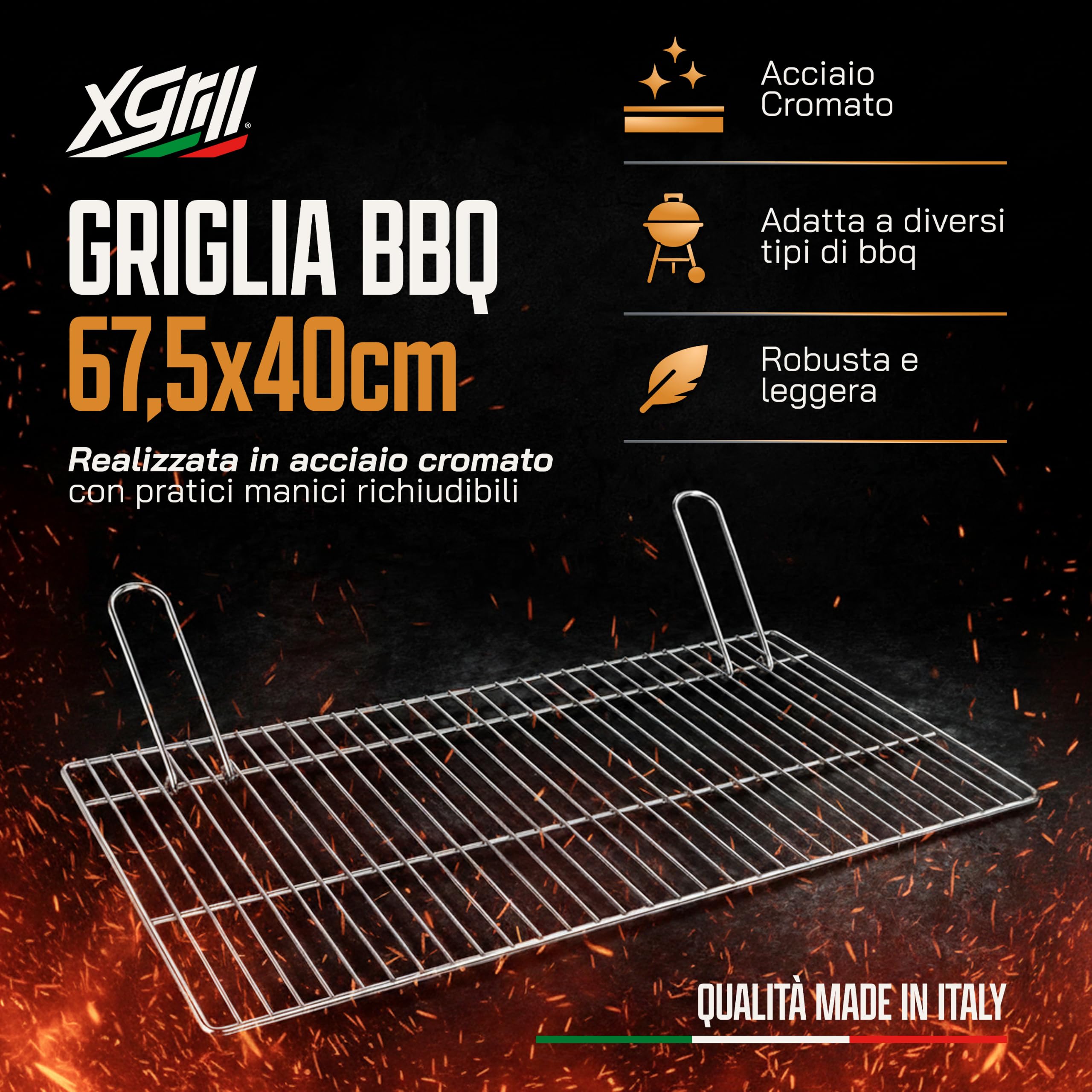 XGRILL | Griglia Barbecue 67,5x40 cm in Acciaio Cromato con Manici Richiudibili | Griglia BBQ Portatile per Barbecue a Carbone e Muratura | Made in Italy