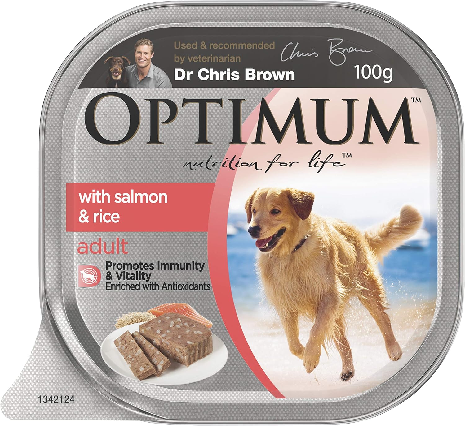 OPTIMUM Salmon and Rice Wet Dog Food, Adult, 100g Tray, 12 Pack