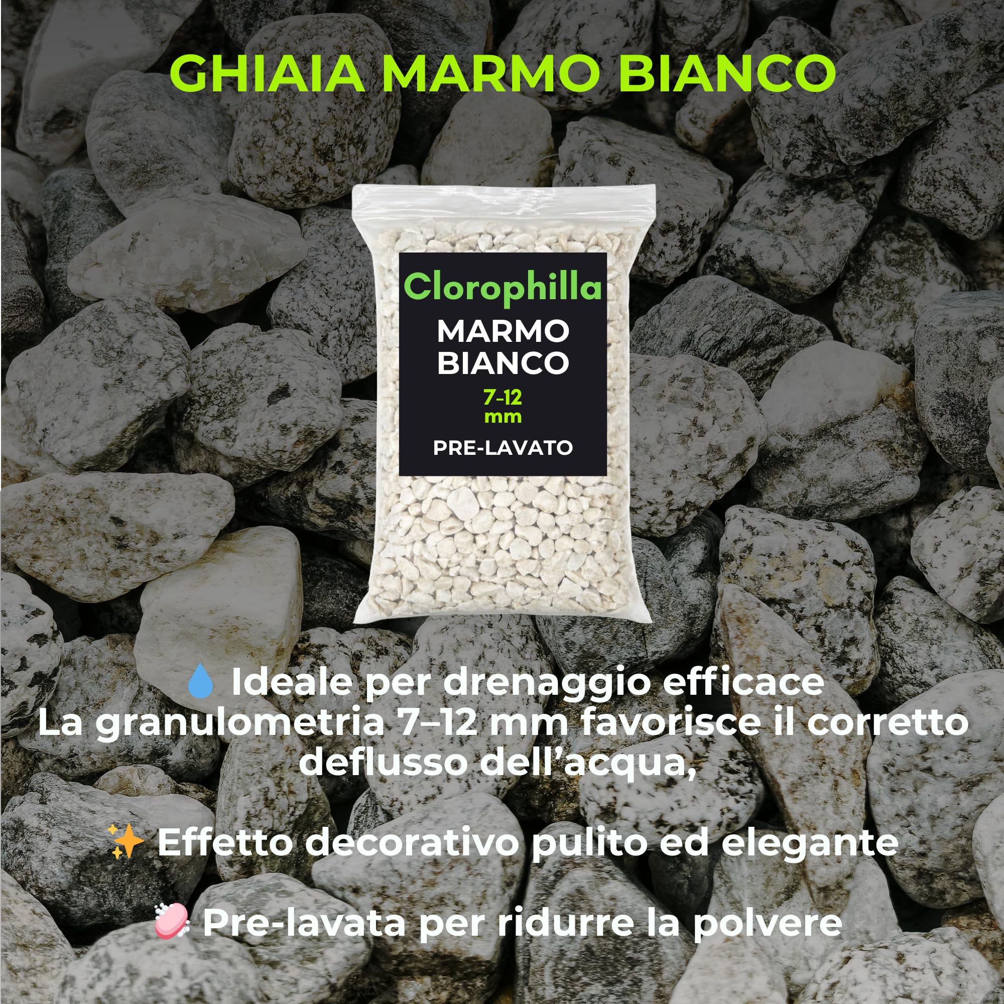CLOROPHILLA Kit Drenaggio per Piante – Lapillo Vulcanico 3-5 mm + Lapillo 5-10 mm, Fibra di Cocco Naturale 2L, Marmo Bianco 7-12 mm – Substrato Completo per Vasi, Orto e Piante da Interno (KIT 10L X4)