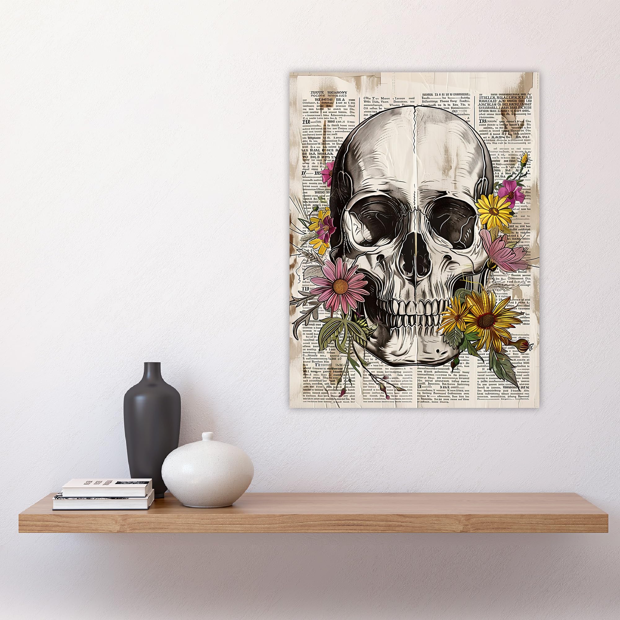Artery8 Skull with Daisies Book Page Mixed Media Upcycle Living Room Large Wall Art Poster Print Thick Paper 18X24 Inch - Image 4