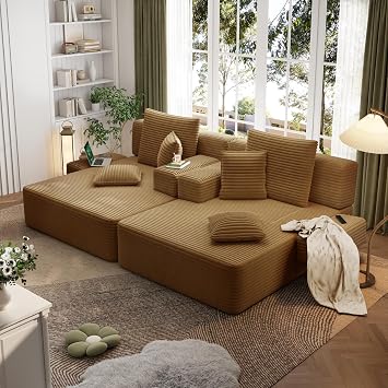 Double Chaise Lounge Indoor, Oversized Boneless Couch, Plush Corduroy Floor Chair with Side Pocket, Adjustable Armrest, Upholstered Loveseat Sofa Bed for Living Room, Balcony, Camel