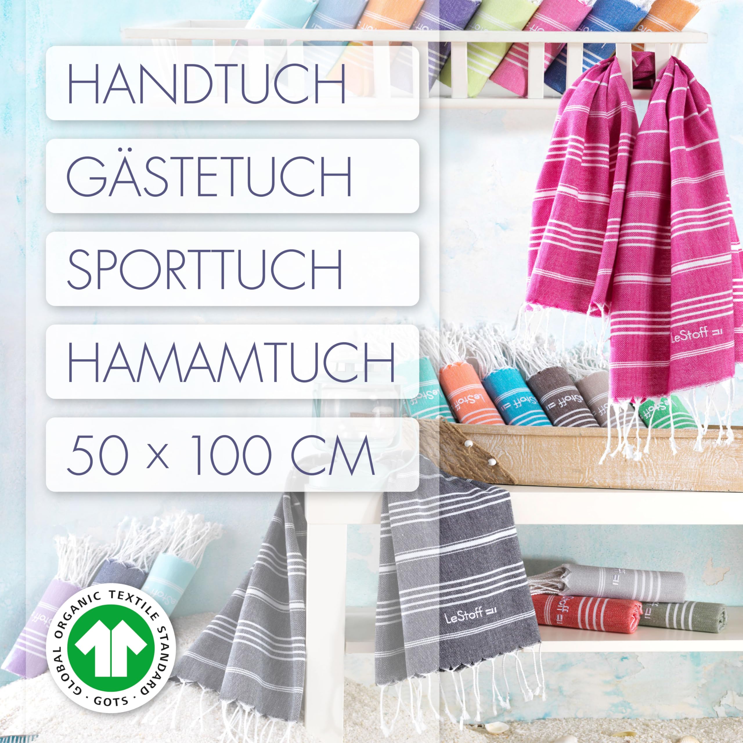 LeStoff 5er-Set Hamamtuch 50 x 100 cm – 100% Bio-Baumwolle, Vorgewaschen, Nachhaltig, Leicht, Kompakt, Saugstark & Schnelltrocknend - Handtuchset für Bad, Gäste, Gesicht, Sport, Reise, Camping (Navy)