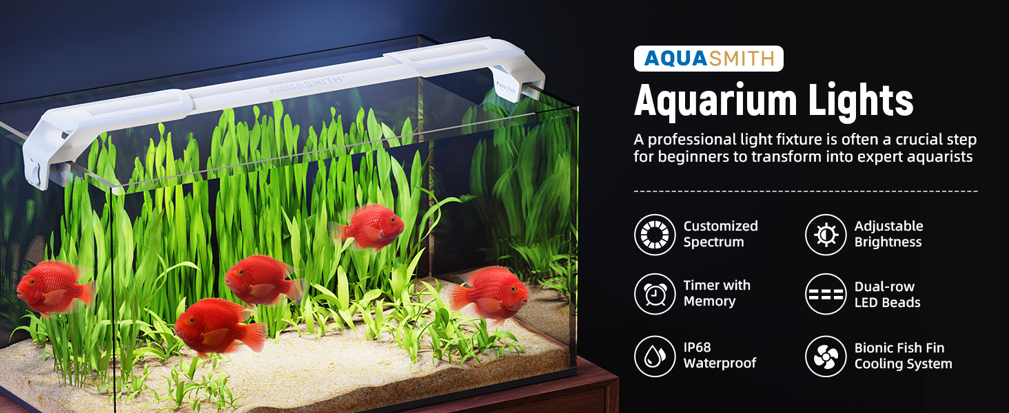 Image of AQUASMITH Aquarium Light,Fish More Red Water is Not,Specific Full Spectrum Fish Tank Light,Comes with Two Mounting Brackets, Timing Function, Memory Feature, Adjustable Brightness, IP68 (22IN)