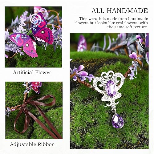 Miniatura 5 de MOSTORY Corona de flores de mariposa hecha a mano, corona de hada, duende del bosque, tiara circular floral para cosplay, mujeres y niñas, fiesta,