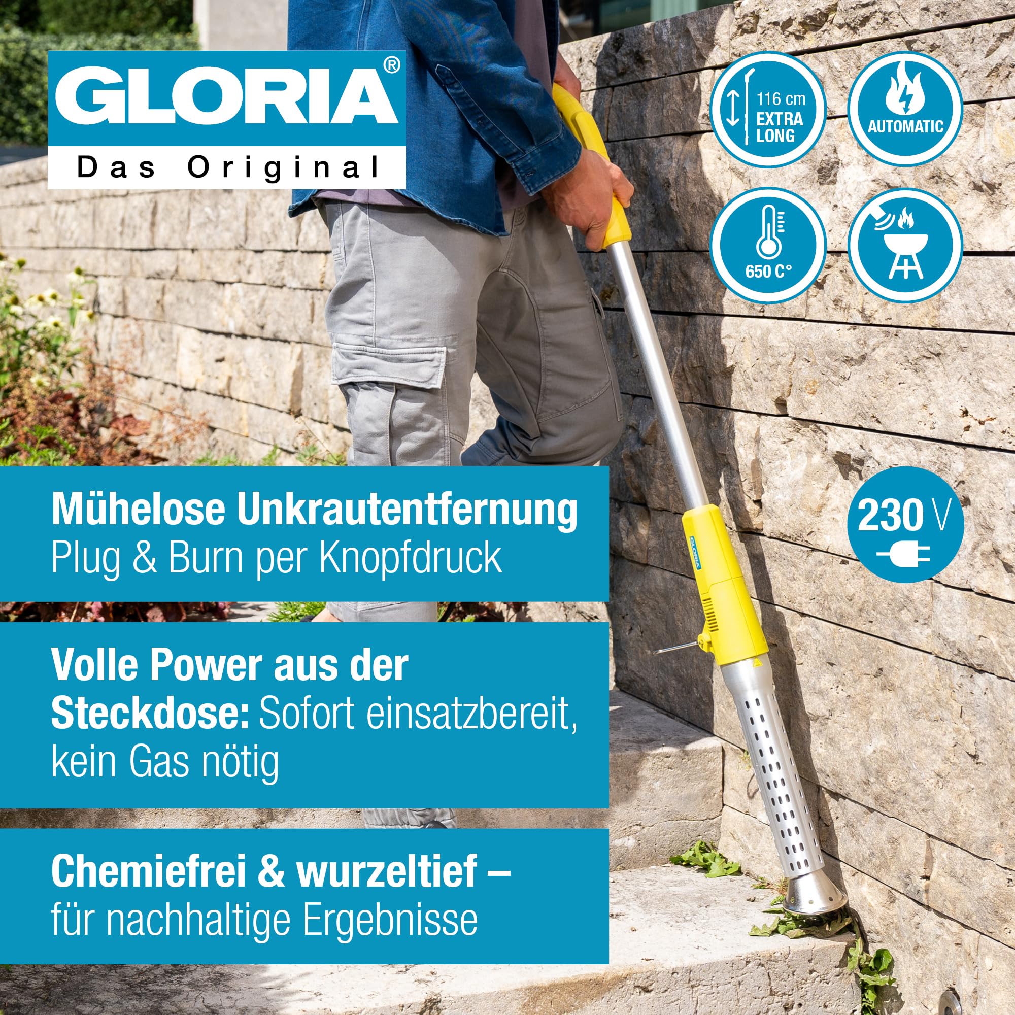 Gloria Désherbeur Thermique Électrique Thermoflamm bio Electro 650°C Sans Glyphosate Désherbage Écologique Décapeur Thermique Allume-Barbecue