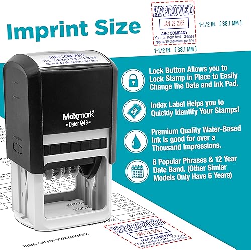Miniatura 4 de MaxMark Q43 (tamaño grande) sello de fecha con texto recibido y personalizado, sello autoentintado - tinta azul