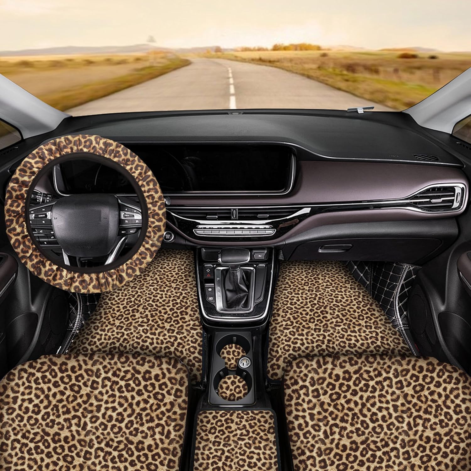 21 Pcs Leopard Print Printing Car Seat Cover Full Set,Car Steering Wheel Cover Center Console Armrest Pad Headrest Seat Belt Cover Handbrake Cover Keychain And Foot Mat Full Set Car SUV(Brown)