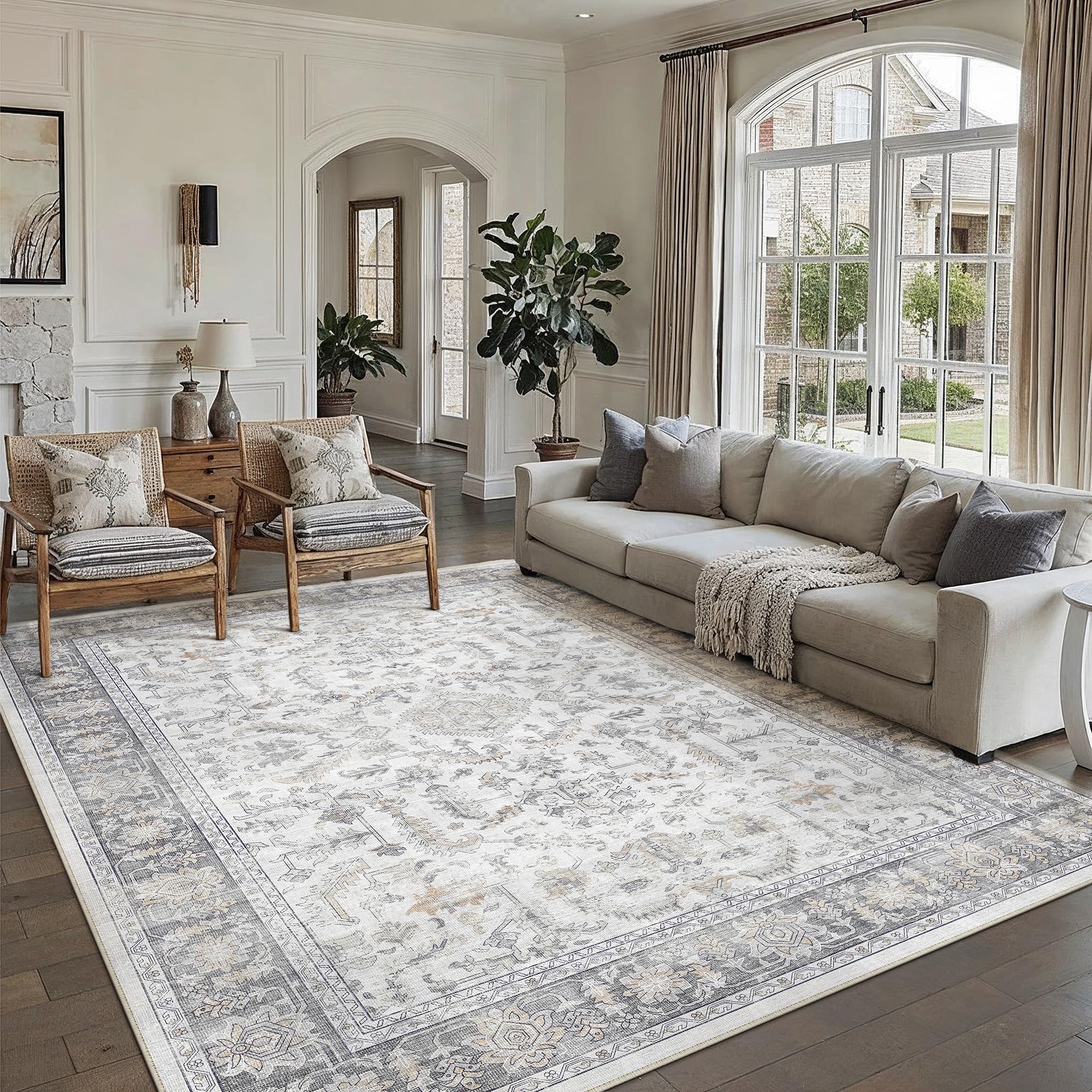 PureCozy Szary dywan do salonu, 240 x 300 cm, vintage, można prać w pralce, antypoślizgowy dywanik, boho, bardzo duży, lekki dywan do jadalni, domu, biura, sypialni, przedpokoju, domu, 240 x 300 cm