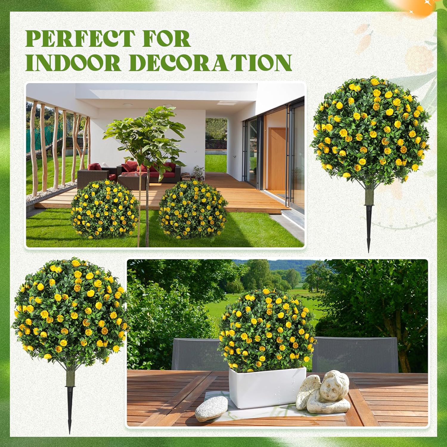 2 Pack 24" Artificial Topiary Ball Trees with Flowers, Outdoor Fake Topiary with Ground Spike, UV Resistant Faux Bushes Plants for Indoor Outdoor Front Door Decor (Yellow,Rose) - Image 3