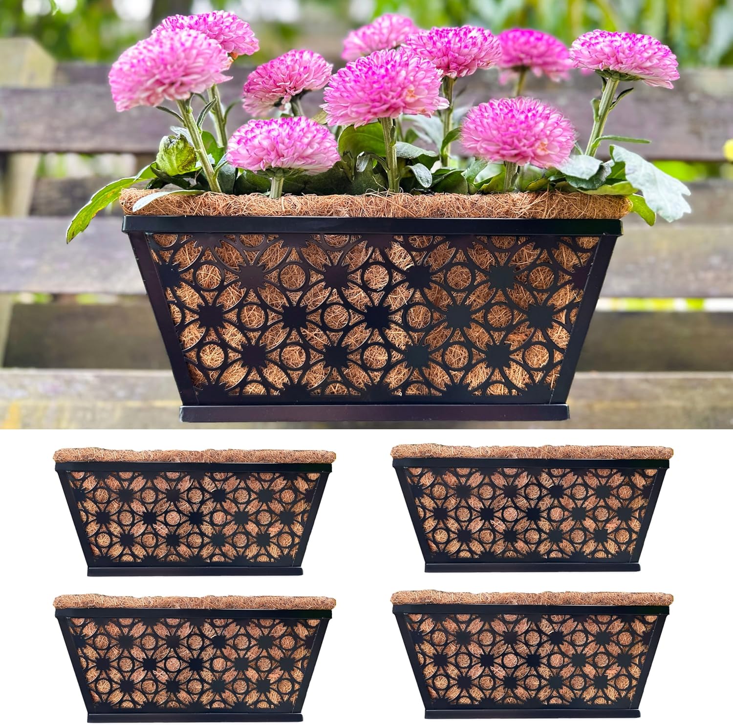 LaLaGreen Window Box Planter for Outdoor Plants (4 Pack, 12 Inch) Black Metal Small and Cute Rectangular Flower Pot Wall Planters with Coco Liner Horse Trough Railing Deck Balcony Fence Patio Decor