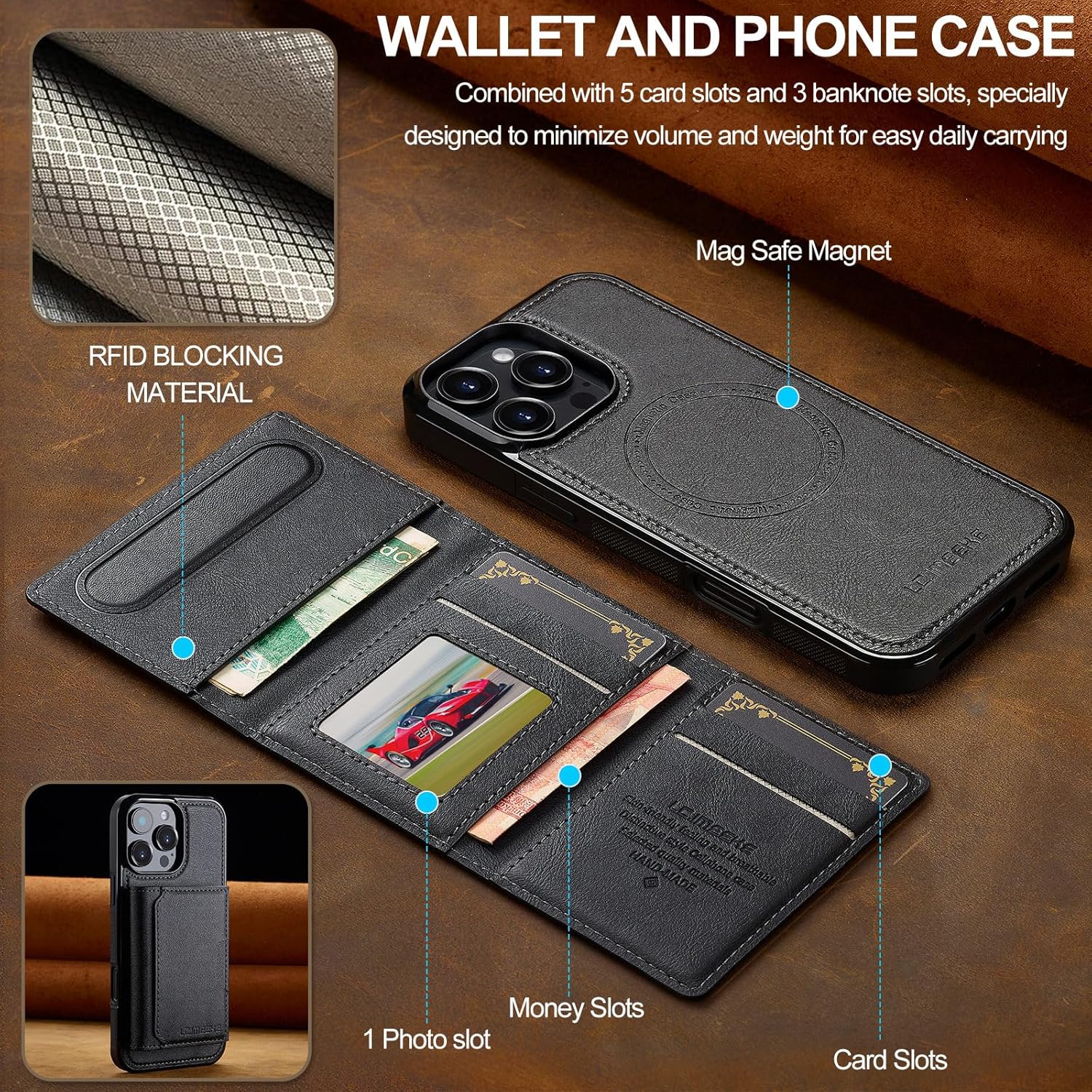 SZHAIYU L5 2 in 1 Detachable Leather Wallet and Phone Cases Compatible with iPhone 16 Pro Max Case with Card Holder RFID Blocking, Compatible with Magsafe Charging 6.9'' (Black,IP 16 Pro Max) - Image 2