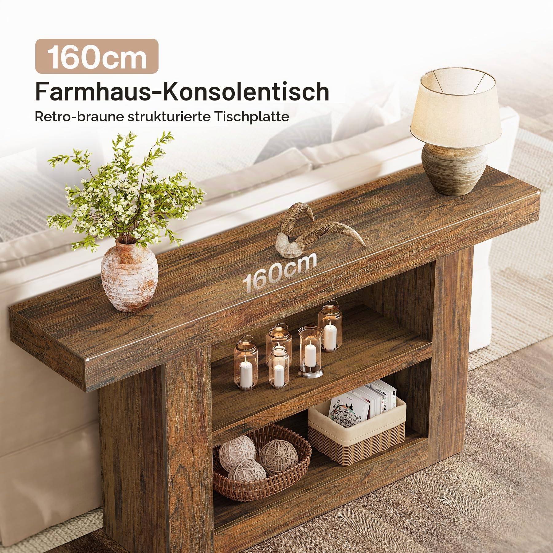 Tribesigns Konsolentisch, 160 cm, Beistelltisch, Flurtisch mit für Eingang, Schmaler Sofatisch mit 3 Etagen aus Holz hinter der Couch, für Eingang, Flur, Wohnzimmer, Braun