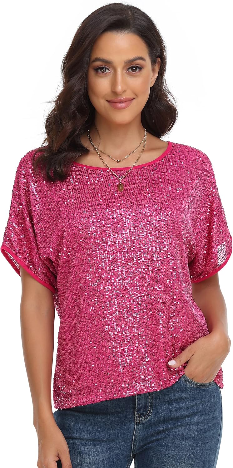 PrettyGuide Women's Sparkly Sequin Tops Short Sleeve Glitter Loose Party Shirt Blouse Boat Neck Dressy Top - Image 3