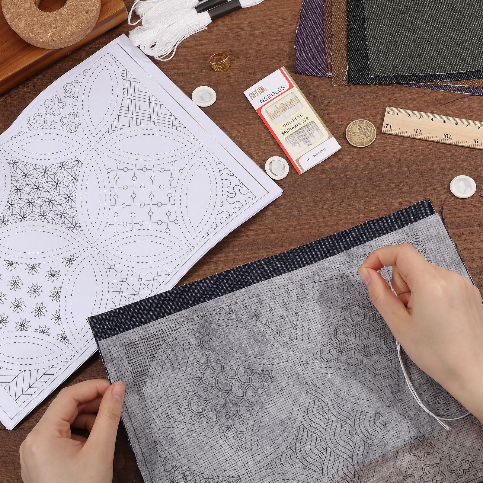FREEBLOSS Sashiko Set de 3 piezas de bordado Sashiko, juego de bordado para principiantes, incluye hilo de bordar, agujas, kit de costura a mano de tela y marco para adultos