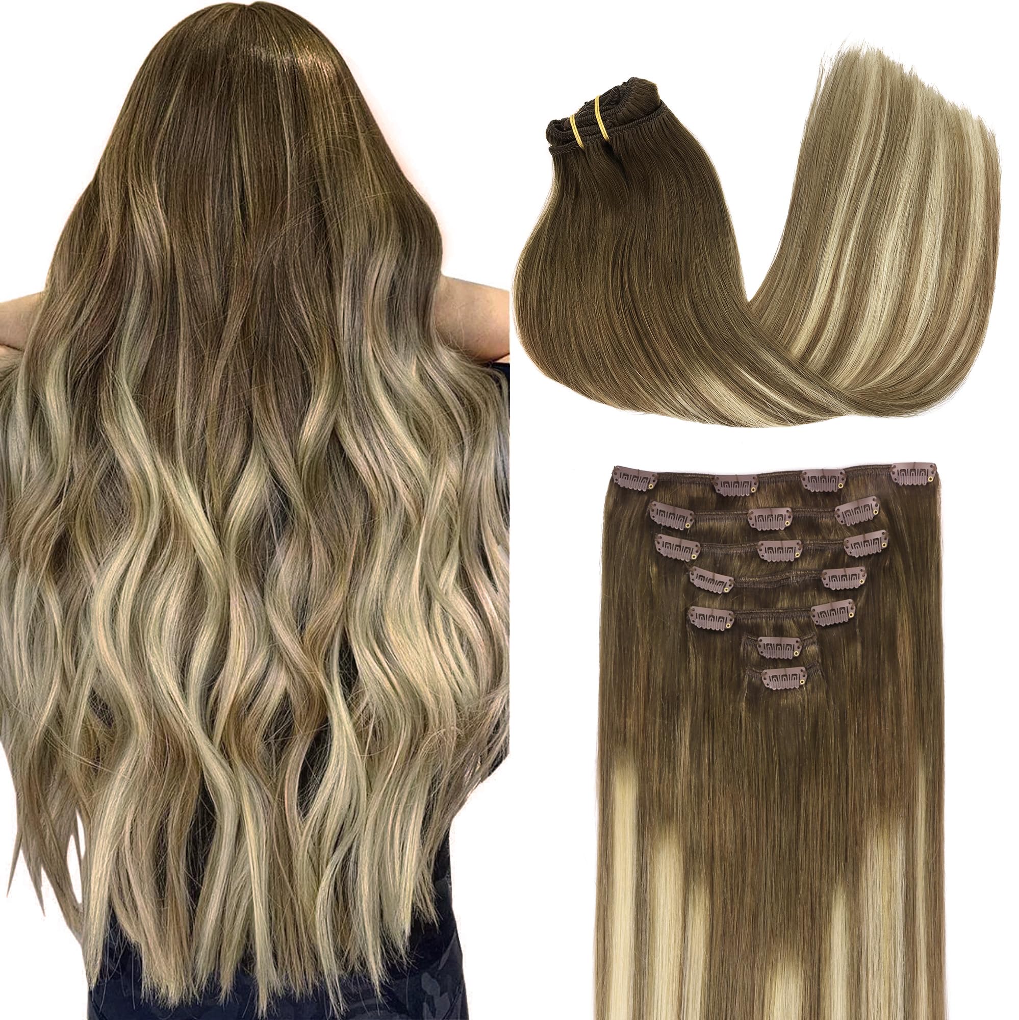 GOO GOO Clip in Hair Extensions Real Human Hair, Remy Human Hair Extensions Clip ins for Women, Natural Human Hair, 20inch 120g 7Pcs, 3/8/613 Balayage Walnut Brown to Ash Brown and Bleach Blonde