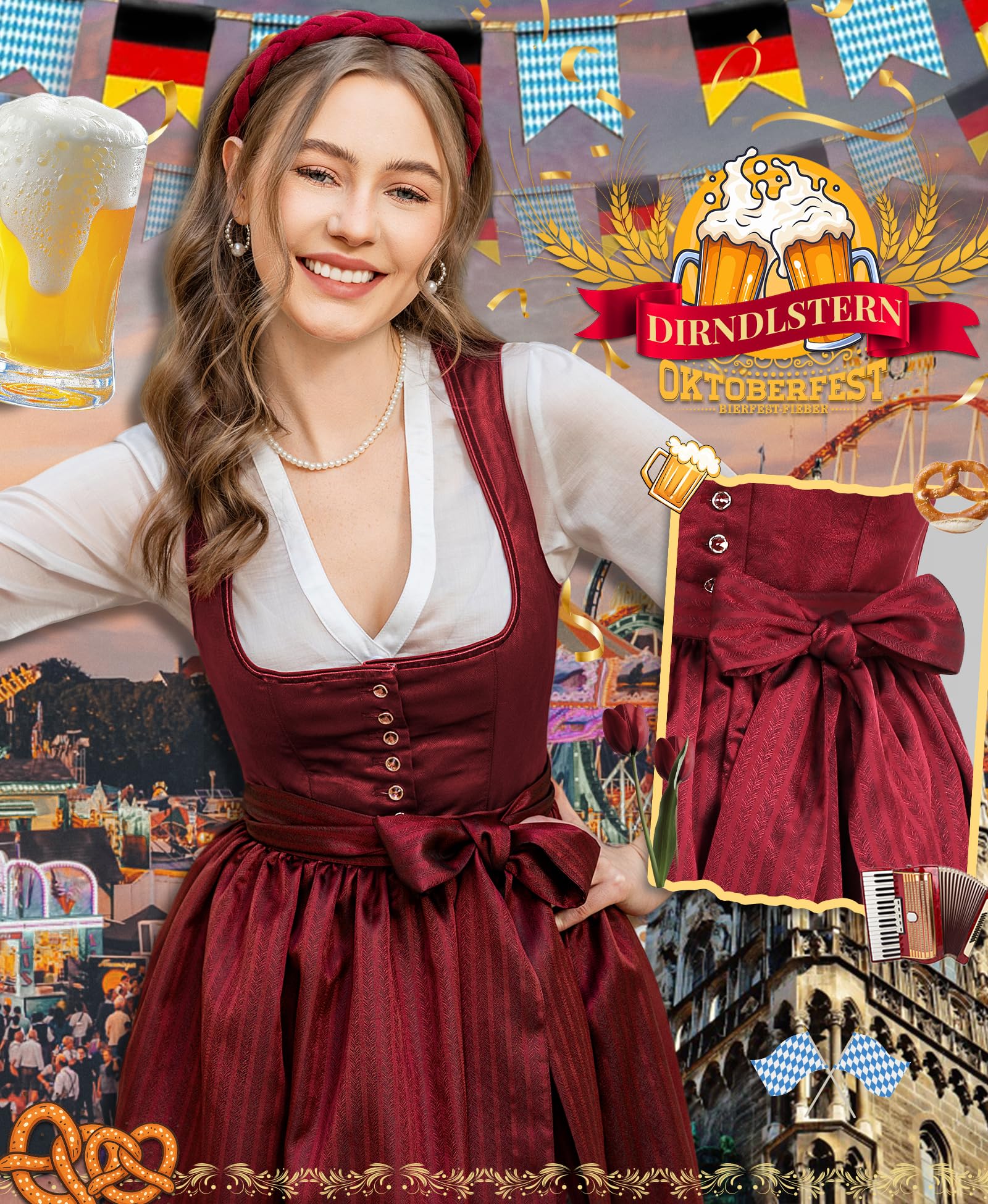 DIRNDLSTERN Damen Midi Rot –Trachtenkleid Damen Dirndlkleid mit Plissee Dirndlschürze für Oktoberfest