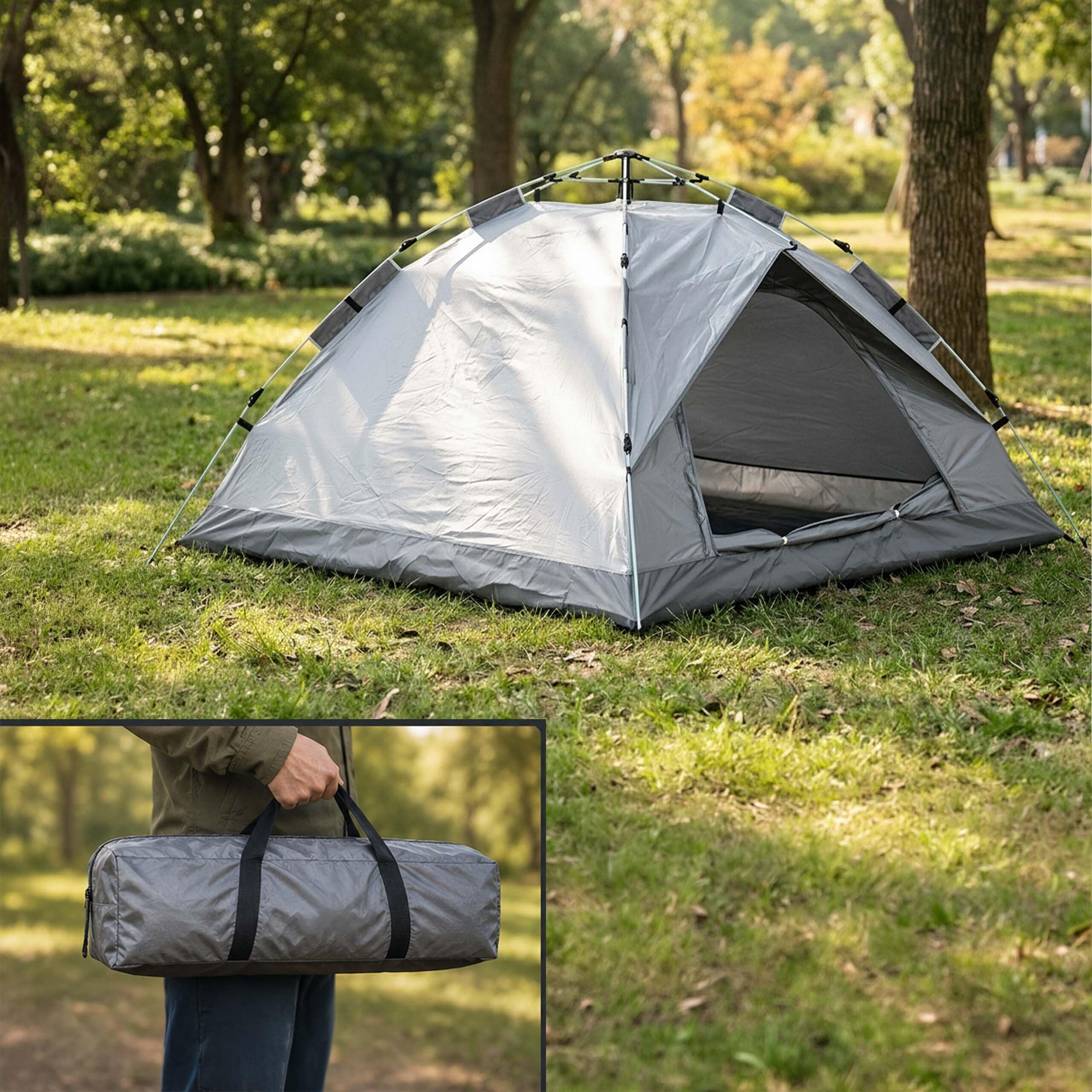 Relaxdays Tenda da campeggio pop-up automatica, 3-4 persone, grigia | protezione UPF50+, zanzariera, 135x200x200 cm