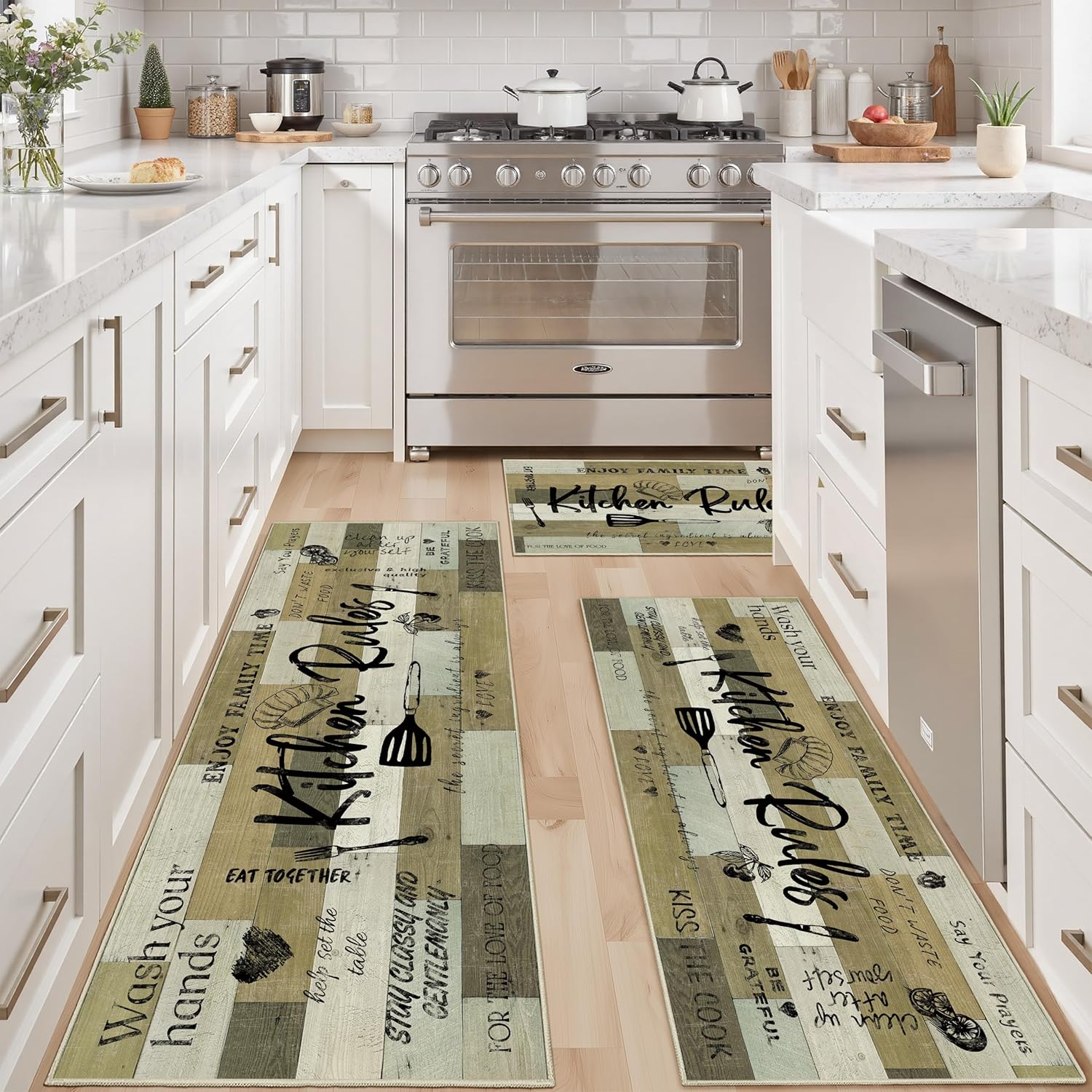 Tritard 100% Non Slip 3 Piece Kitchen Rugs Set with Runner, Farmhouse Washable Kitchen Mats for Floor, Ultra Soft Kitchen Floor Mats Carpet Runner Rugs for Sink, Entryway, Laundry Room, Light Tan