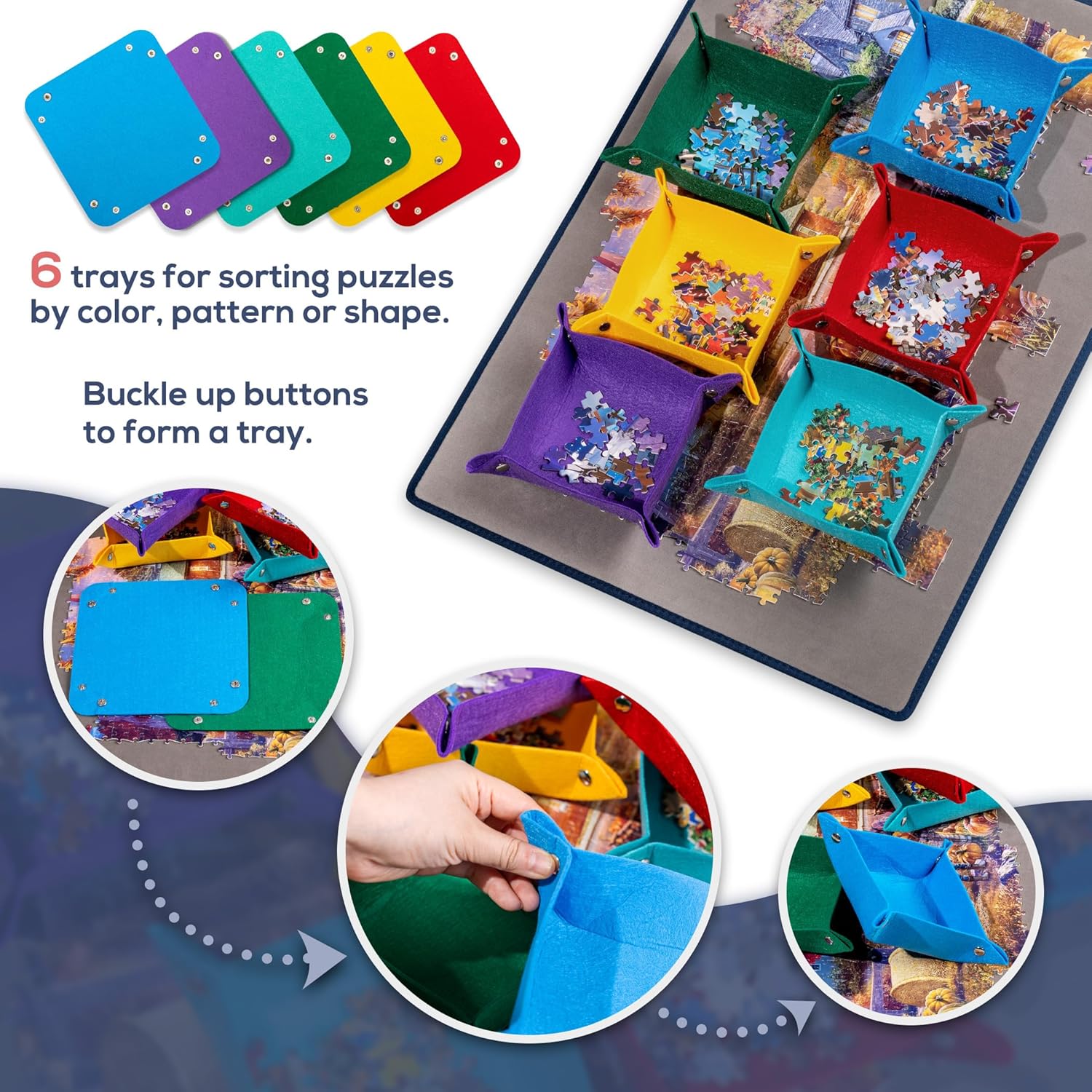 Tektalk Jigsaw Puzzle Board with 6 Color Sorting Trays Portable Puzzle Mat with Dustproof Cover for Puzzle Storage Saver, Non-Slip Surface, Up to 1000 Pieces - Grey