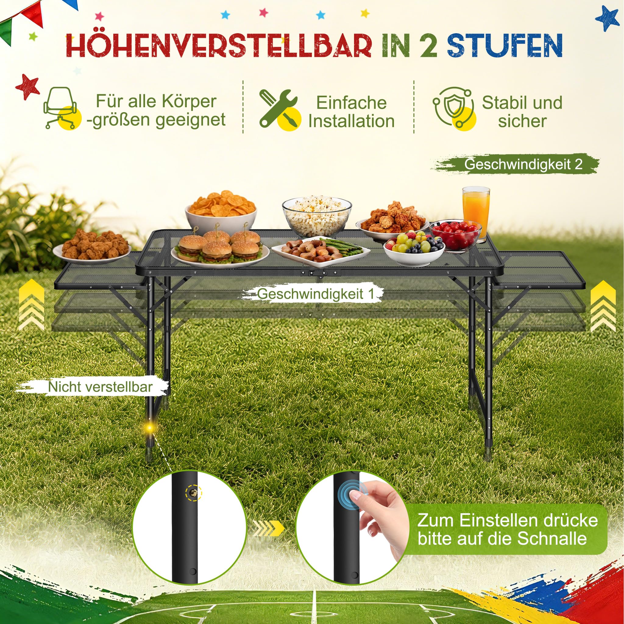 Przenośny stół kempingowy 120 x 60 cm, z regulacją wysokości i składany stół ogrodowy z metalową płytą z siatki, rozszerzalny stół grillowy na kemping, piknik, do ogrodu, na zewnątrz