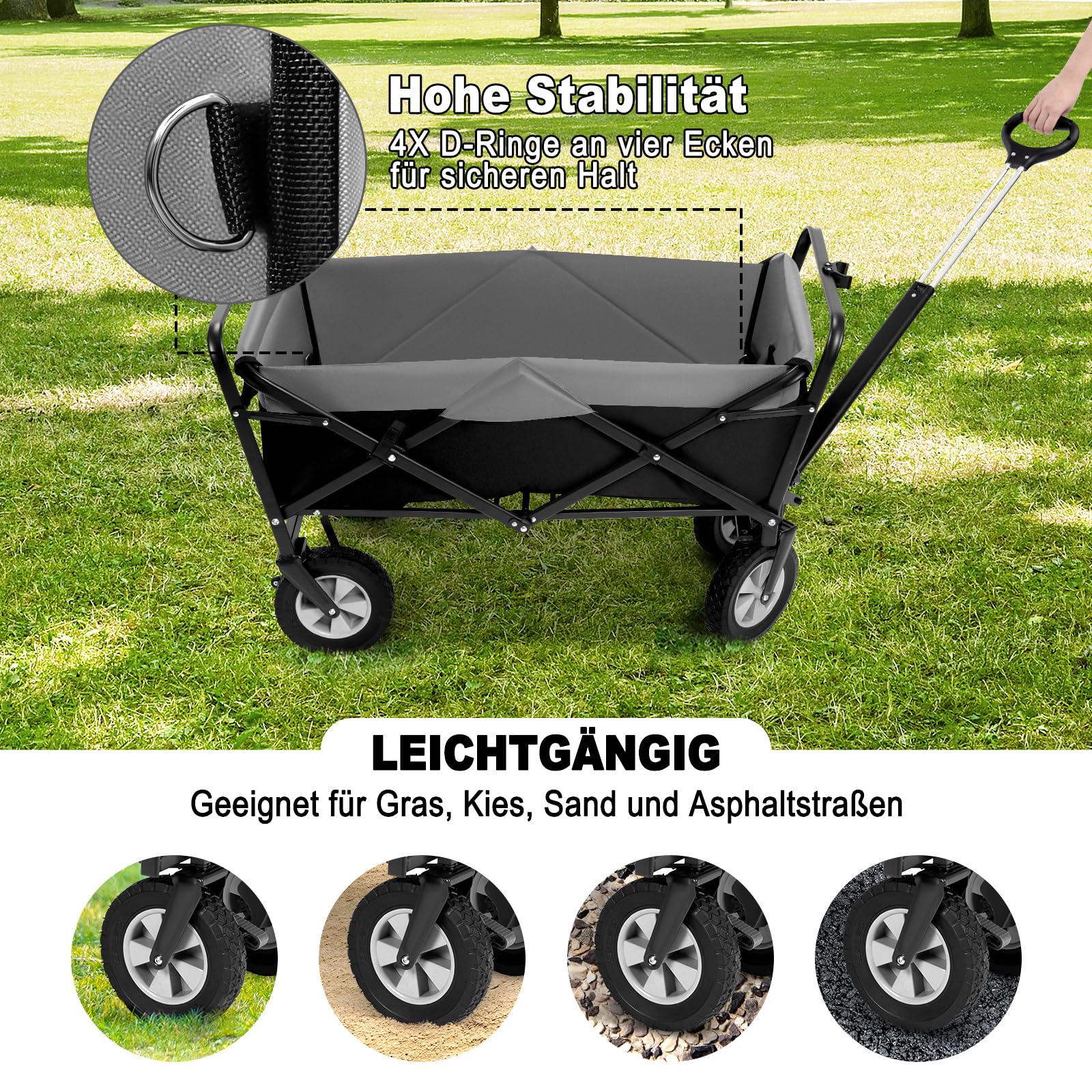 EUGAD Bollerwagen faltbar, 100 L Transportwagen mit verstellbarem Griff, tragbarer Strandwagen mit Seitentaschen, für Garten Camping Einkaufen, für alle Gelände, 180 kg belastbar, schwarz + grau