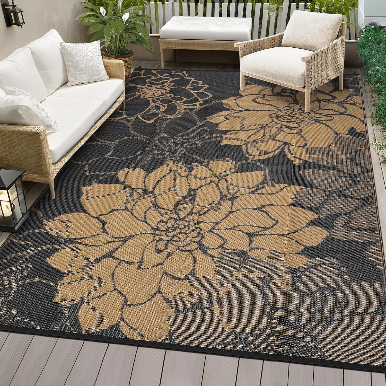COZYLOOM Outdoor Patio Rug 9x12 Waterproof Outdoor Plastic Straw Rug, UV Resistant Reversible RV Camping Mat with Portable Bag & 4 Stakes, Modern Flower Carpet for Balcony Deck Yard, Black&Brown