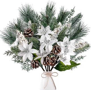 Sggvecsy 6 Pack Artificial Christmas Poinsettia Picks With Faux Berries, Pine Stems, Branches, and Cones for Xmas Tree Wreath DIY Craft Floral Arrangement Holiday Decor (Silver)
