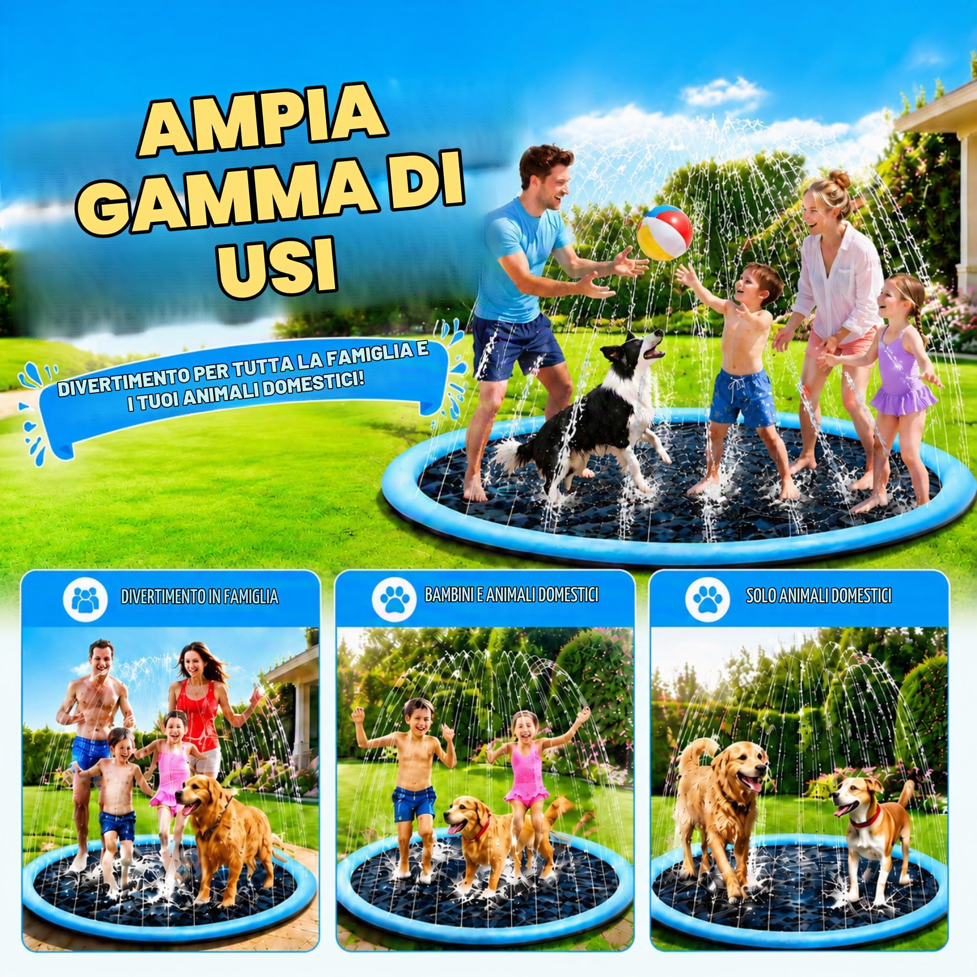 Piscina per Cani 170cm Antiscivolo con Spruzzi Regolabili | Tappeto Acqua Gioco Bambini e Cani, Splash Pad da Giardino Resistente per Cortile e Outdoor Estivo, Facile da Pulire