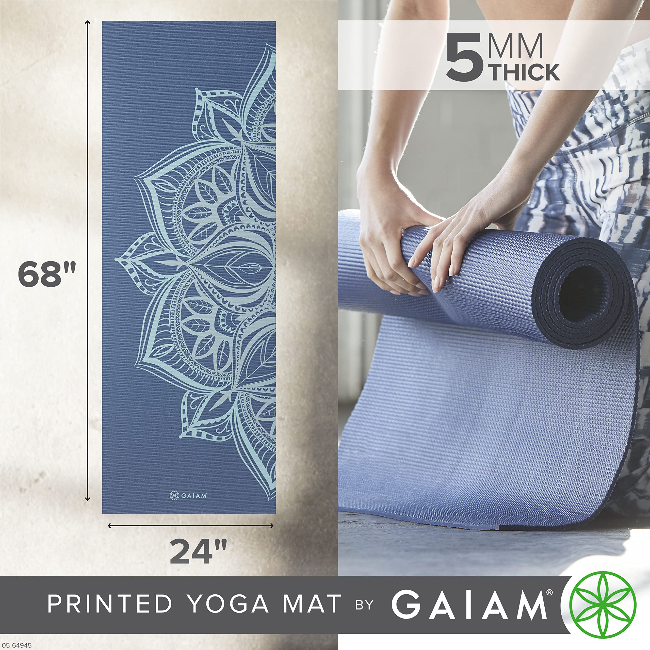 Gaiam Tappetino da yoga, per esercizi e fitness, antiscivolo, di alta qualità, con stampa, spessore 5 mm, adatto a tutti i tipi di yoga, pilates ed esercizi a terra (172 x 61 x 5 mm)