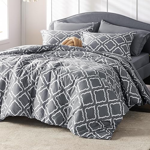 Bedsure Full Comforter Set 7 Pieces - Dark Grey Blue Quatrefoil Comforters Full Size, Lightweight Bedding Sets for All Season, Bed in a Bag with Comforters, Sheets, Pillowcases & Shams