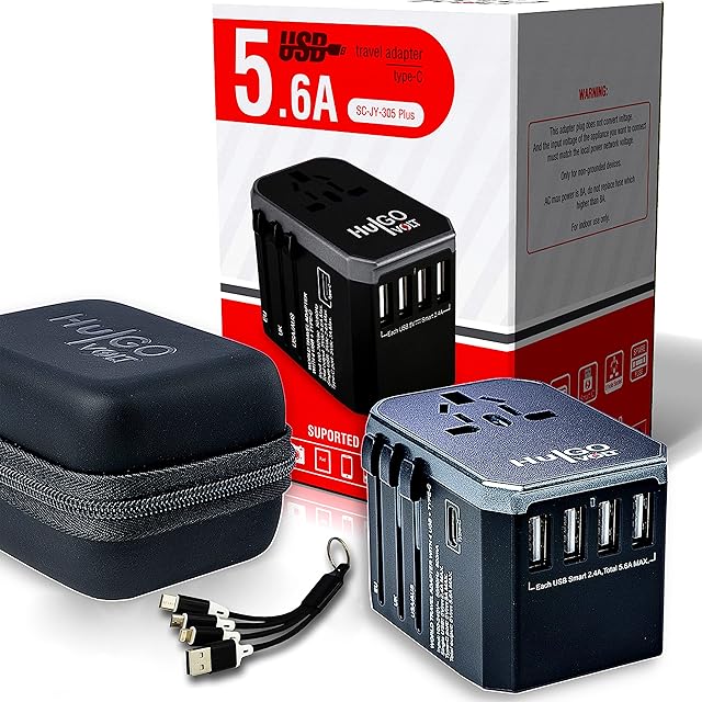 HulGO Volt Worldwide-Travel-Adapter, Universal-Plug Adaptor For Multiple Devices - 4 USB Ports with 5.6A Fast Charging - 1 Type C 3.0A Charger, International-Power-Adapters All In One WITHOUT led logo