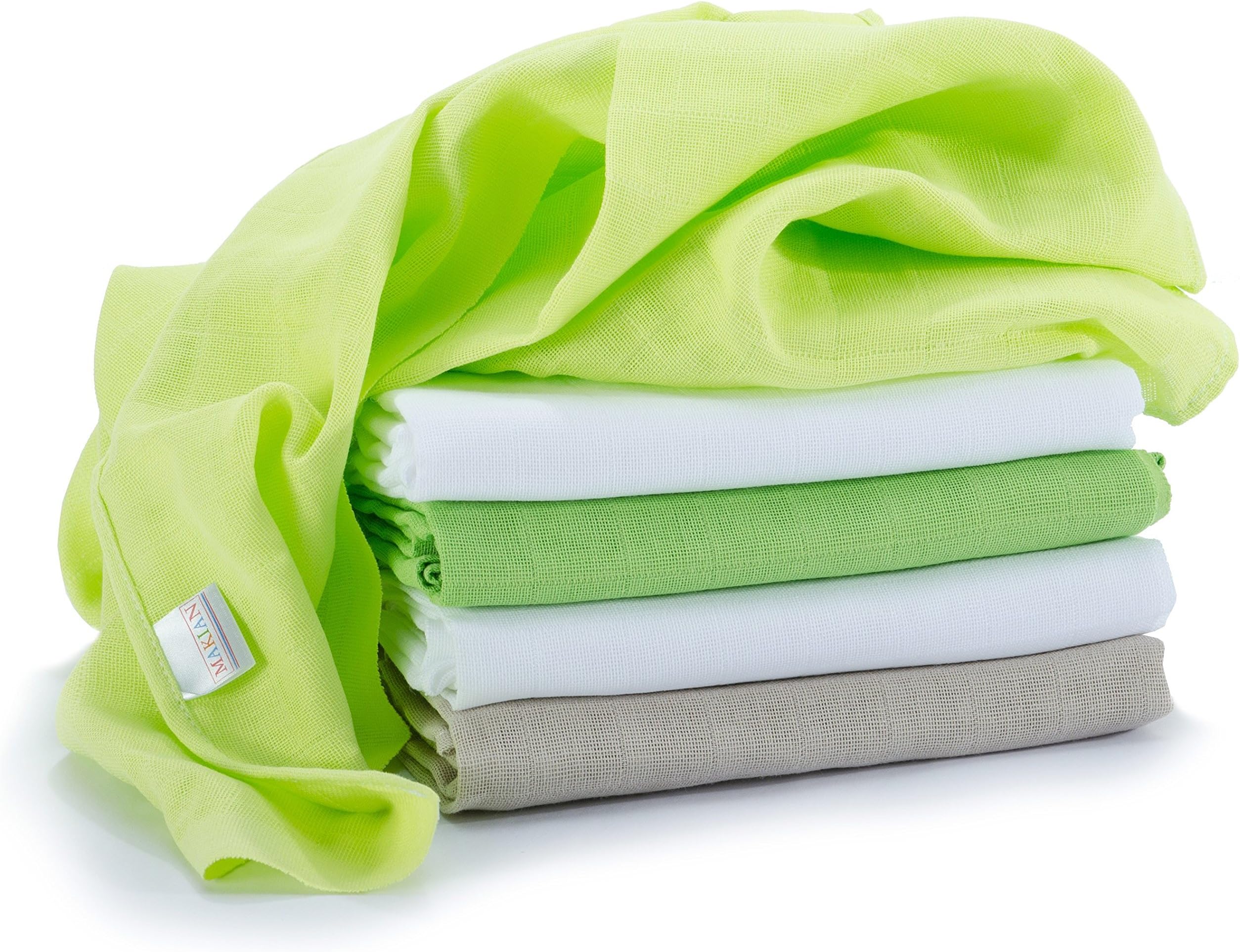 Makian - 5 Pack Baby Muslin Cloth | Burp Cloth | Swaddle Blanket | Nursing Cover | 70x70 cm - Green/White