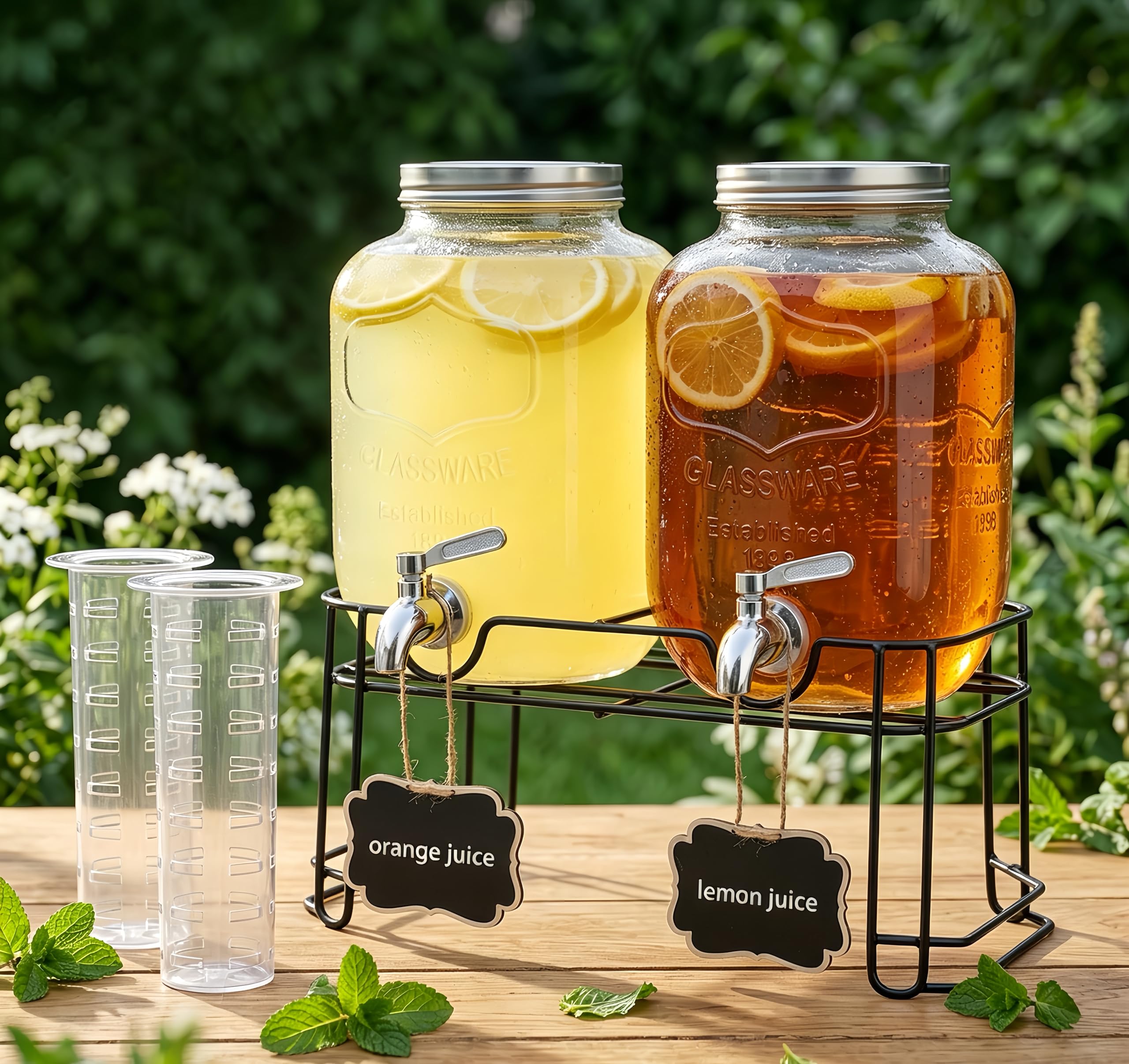 Distributeurs De Boissons En Verre 2x4L Avec Robinet, Distributeur Boisson En Verre Avec Support Et Robinet En Acier Inoxydable, Bocal pour Sublimez vos Cocktails Fêtes et Anniversaires