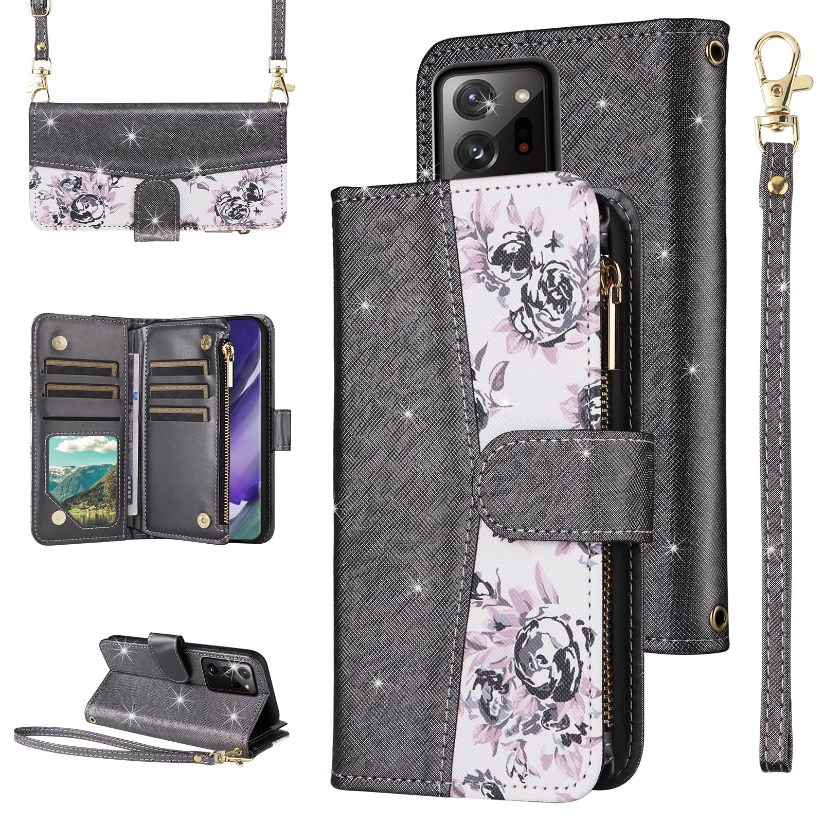 Furiet for Samsung Galaxy Note 20 Ultra 5G Floral Wallet Case with Wrist Strap Shoulder Strap Flip Zipper Purse Stand Phone Cover for Note20 Plus