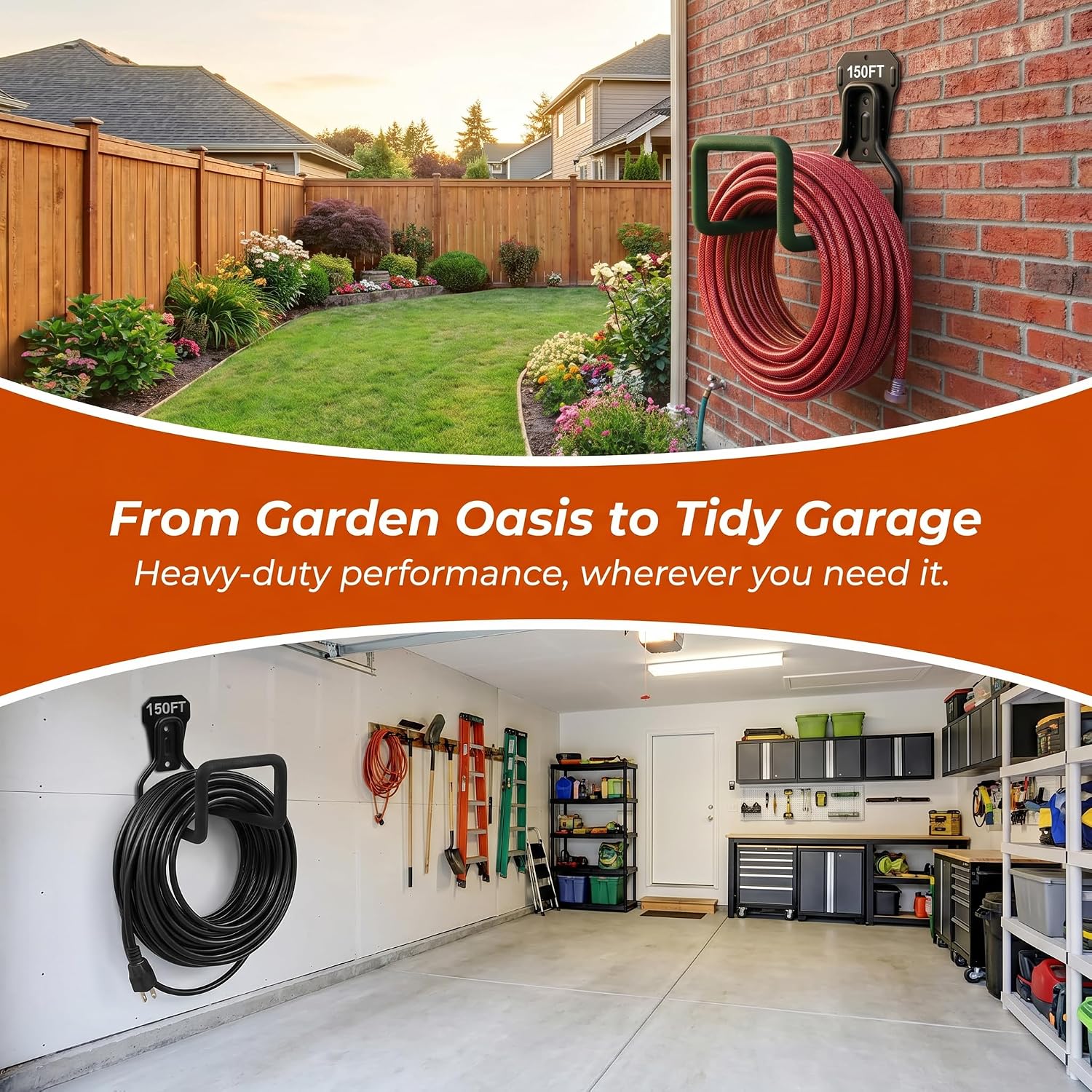 2Pcs Garden Hose Holder Wall Mount, Water Hose Hanger Hook for Outside, Heavy Duty Metal Hose Storage Reel for Garden, Patio, Backyard, Garage, Fence Hose Stand