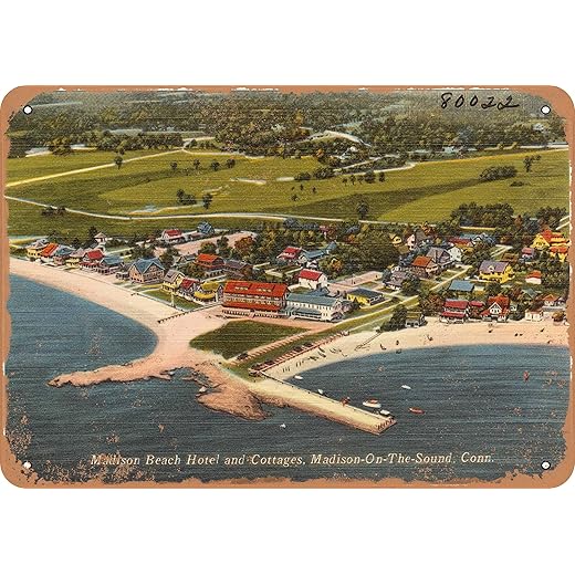 7 x 10 METAL SIGN - Connecticut Postcard - Madison Beach Hotel and Cottages, Madison-On-The-Sound, Conn. - Vintage Rusty Look