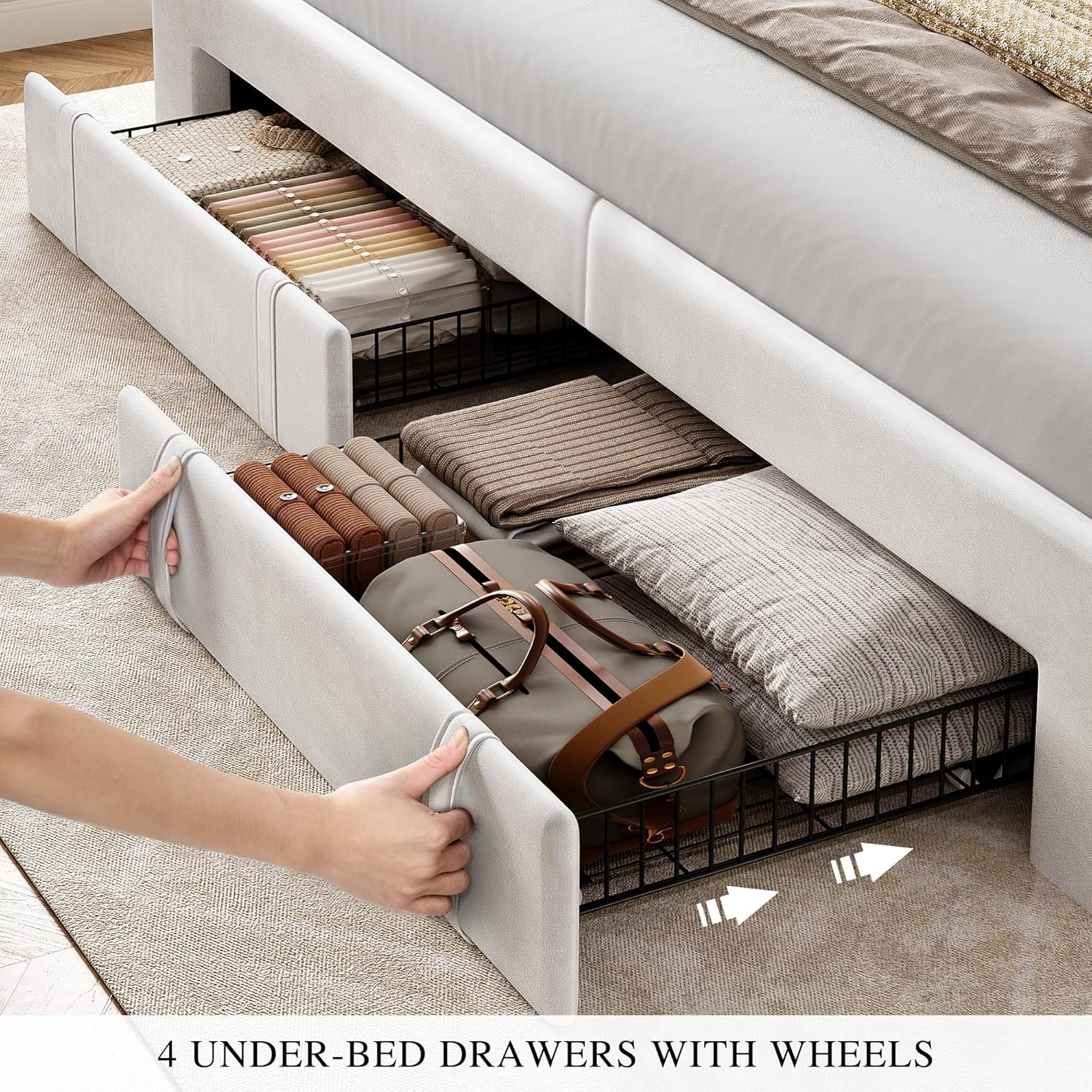 DWVO King Size Bed Frame with Adjustable Headboard, 4 Storage Drawers and RGB LED Lights, Velvet Upholstered Platform Bed with USB Ports, No Box Spring Needed, Fast Assembly, Noise-Free, White