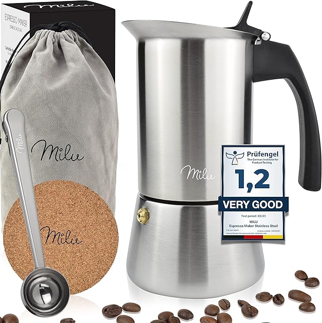 Milu Ekspres do kawy (2 filiżanki bez indukcji) | 2, 4, 6, 9 filiżanek| Dzbanek do mokki ze stali nierdzewnej, dzbanek do espresso, zestaw do parzenia espresso z podstawką, łyżeczką, szczotką (stal nierdzewna, 2 (100