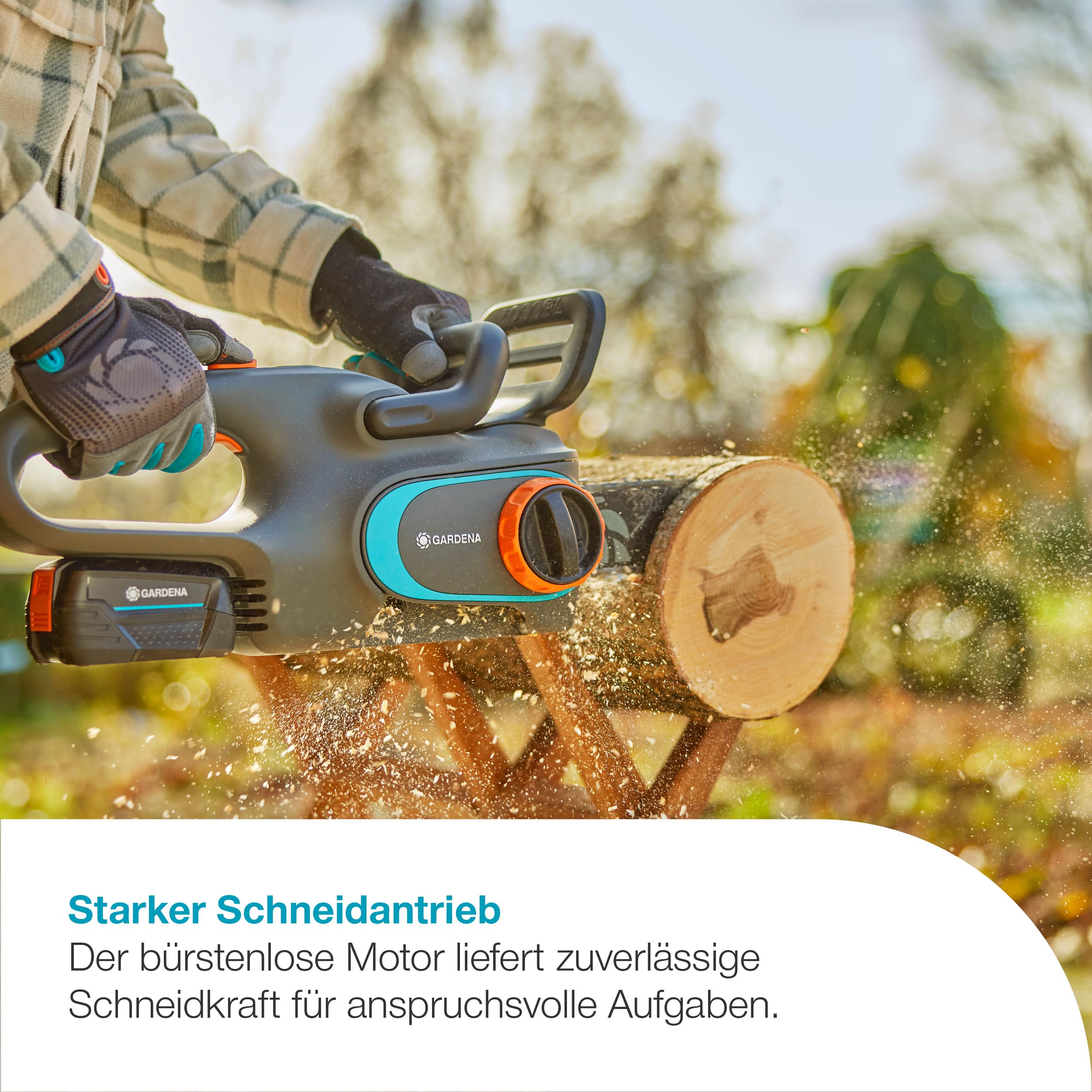 Gardena Akku-Kettensäge PowerSaw 250/18V P4A Ready-To-Use Set: Oregon Kette, Ergonomisch, Geräuscharm, Kettenbremse, Kabellos (14790-20)