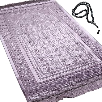 Modefa Velvet Prayer Rug - Soft Plush Turkish Janamaz Sajada Carpet for Men and Women - Plain Solid Prayer Mat Ramadan Eid Gift - with Prayer Beads - Luxury Floral Stamp (Lilac)