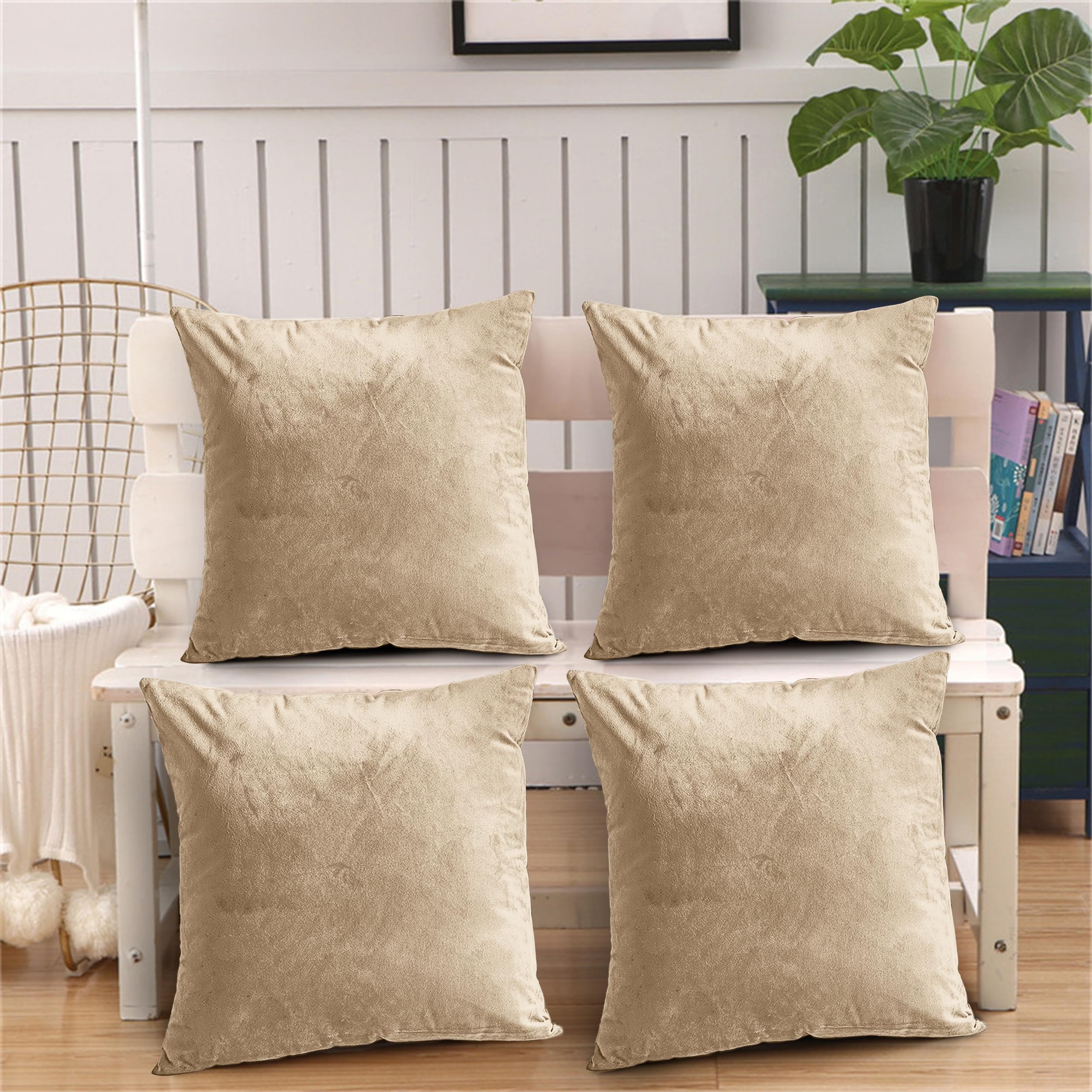 Oxford Homeware Beige Cushion Covers 45Cm X 45Cm (Pack Of 4) Decorative Velvet Cushions Cover For Living Room Sofa Bedroom With Invisible Zipper, 18 X 18 Inches