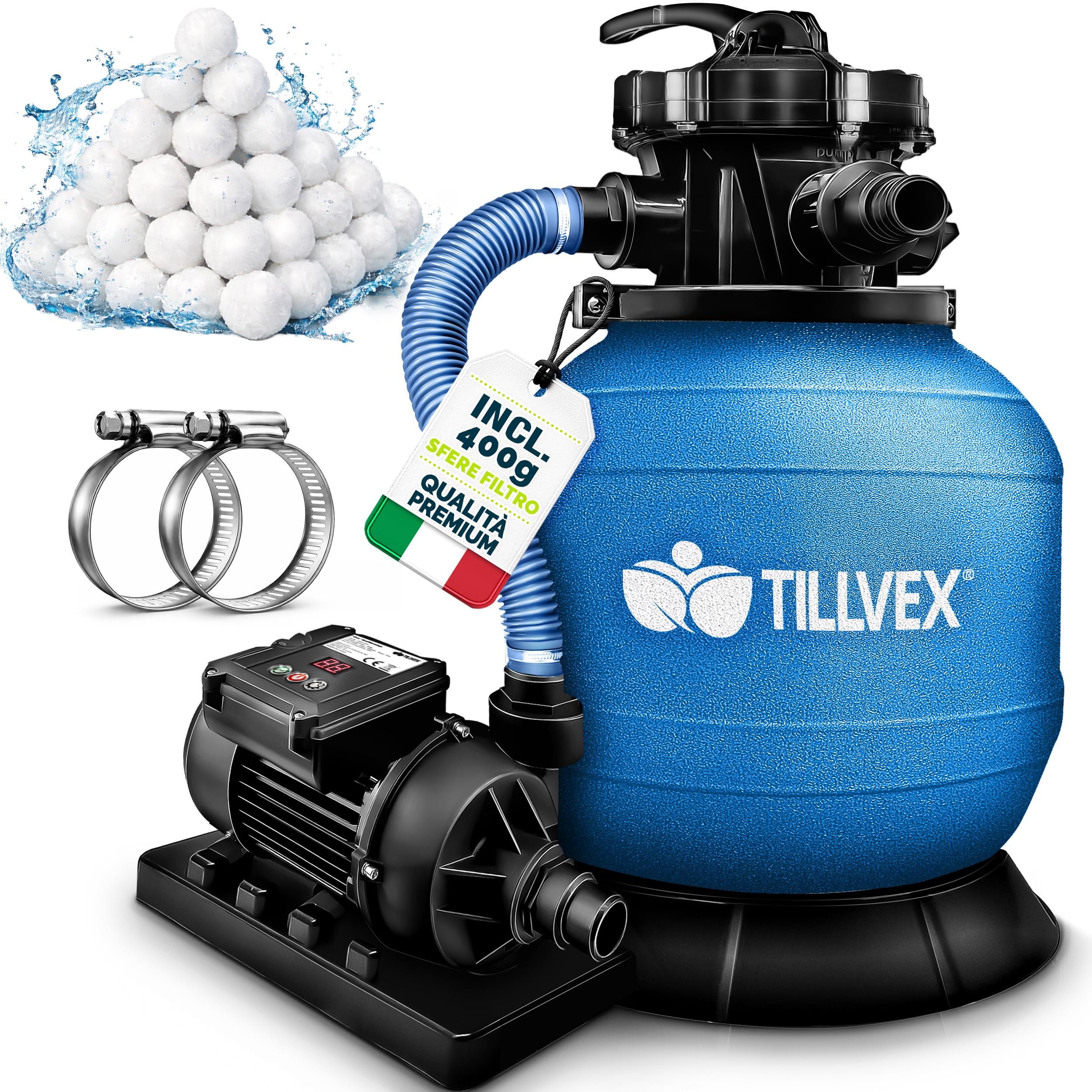tillvex Pompa Filtro Piscina Portata 7.900L/h + 400g Filtro Balls | 7 funzioni | Adattatore 2in1 Ø32-38mm con indicatore di pressione | Filtro a sabbia per piscine (Blu con timer)