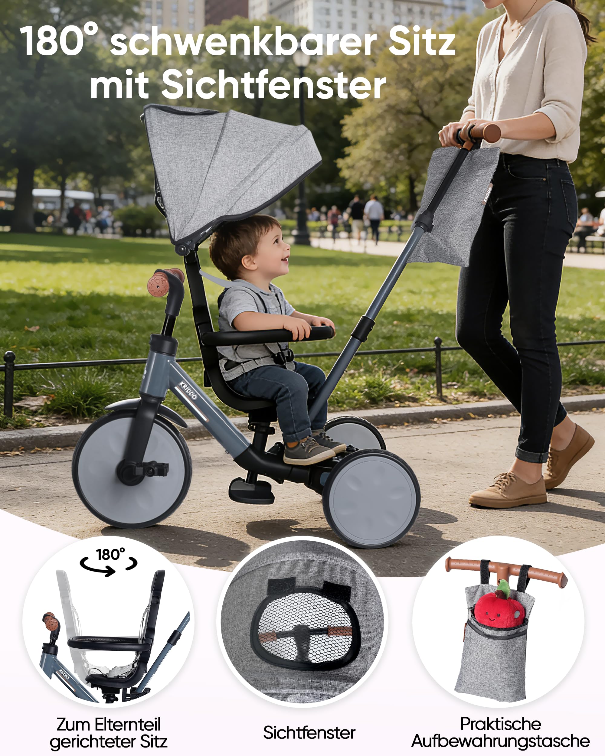 KRIDDO 8-in-1 Kinderdreirad für 1,5–5 Jahre, umwandelbares Dreirad & Laufrad mit Schubstange, 5-Punkt-Gurt, faltbarem Verdeck und Aufbewahrungstasche, Grau